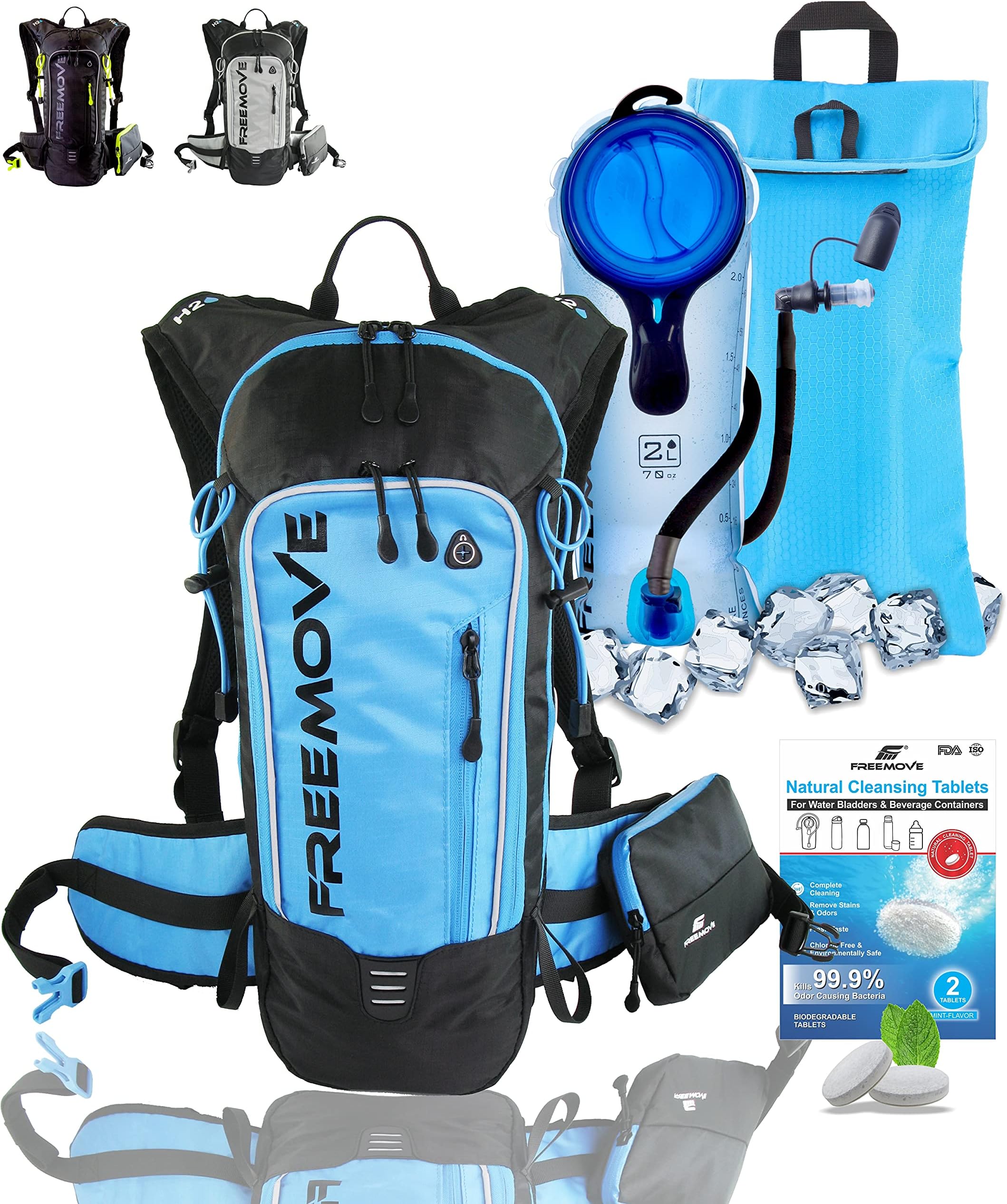 FREEMOVE Hydration Pack Backpack - Water Stays Cool 5 Hours with 2L Hydration Bladder and Cooler Bag | Fully Adjustable, Multiple Pockets | 10L Overall Storage Capacity | Hiking, Running, Cycling, MTB