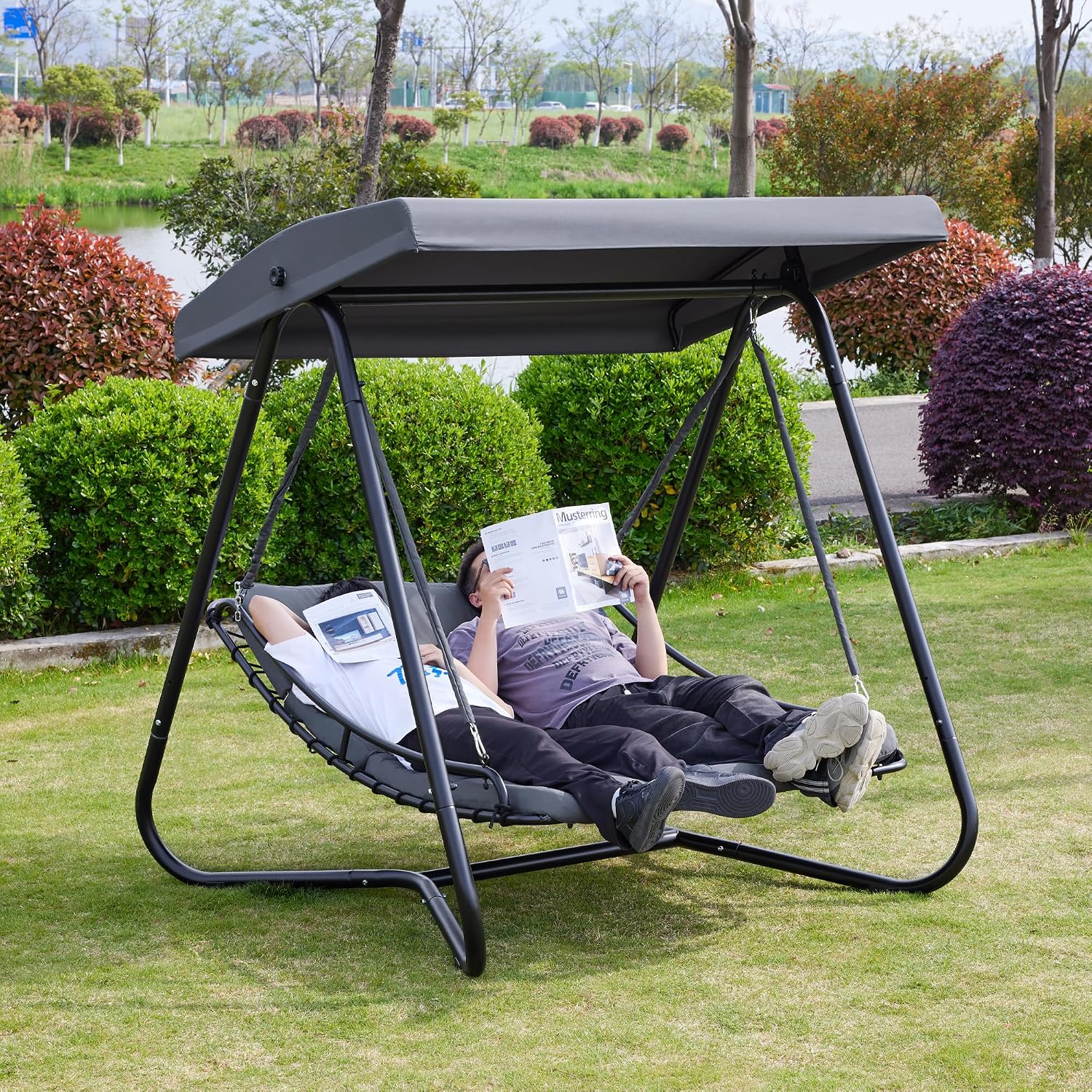 Macrout 2-Seat Hammock Swing Chair with Recliner, Outdoor Lounge Chair with Adjustable Canopy, Beach Chairs for Adults with Thickened Cushions for Backyard, Garden, SW466