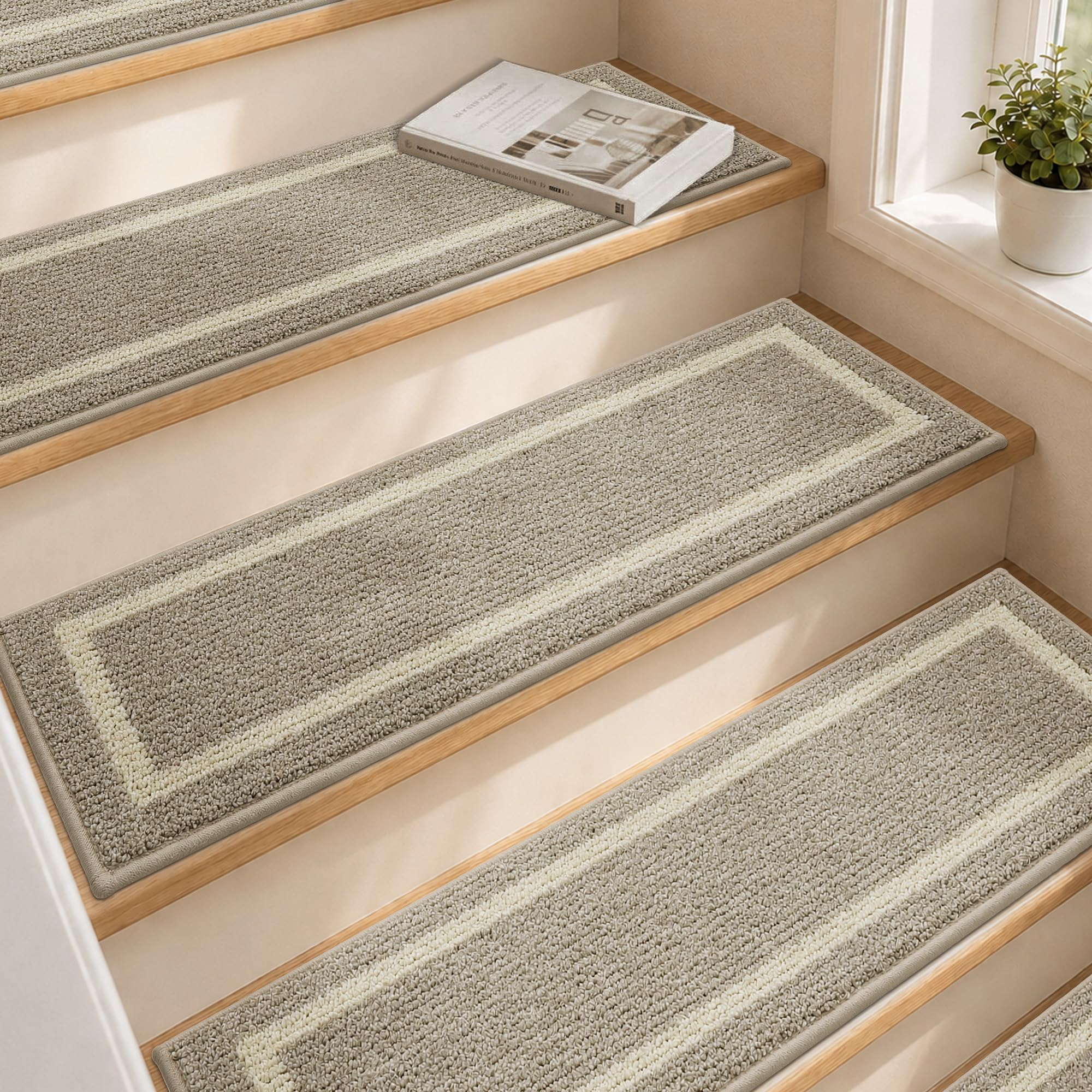 COSY HOMEER Tappeto antiscivolo per scale per interni in 100% poliestere, 4 pezzi, beige, quadrato