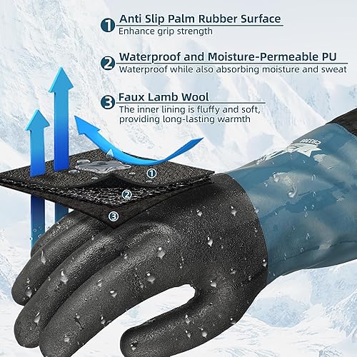 Miniatura 5 de Schwer Guantes de trabajo de invierno 100% impermeables, guantes largos para congelador con revestimiento de poliuretano a base de agua, máxima