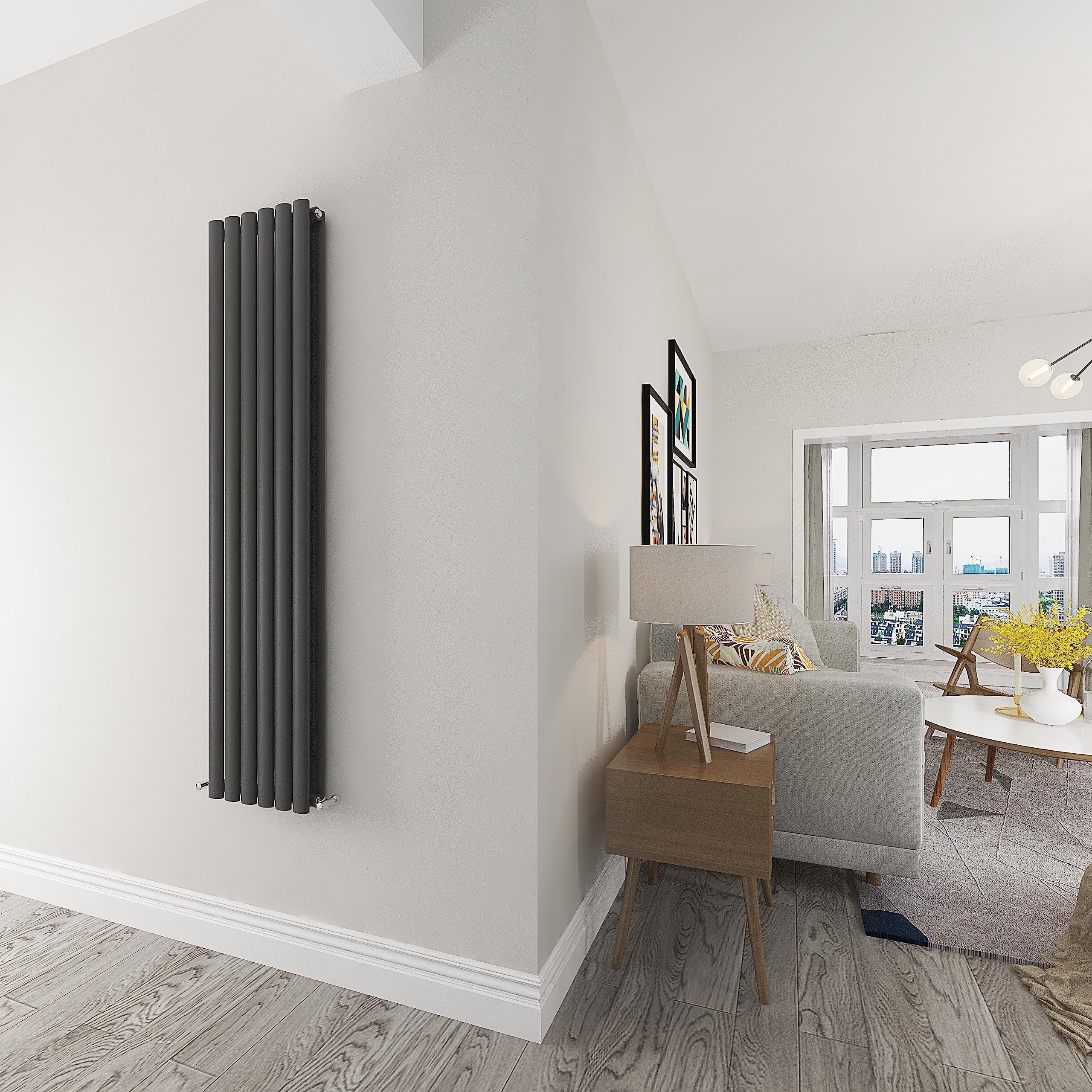 Skybathroom | 1600x354mm Vertical Anthracite Oval Double Panel Tall Upright Central Heating Radiator