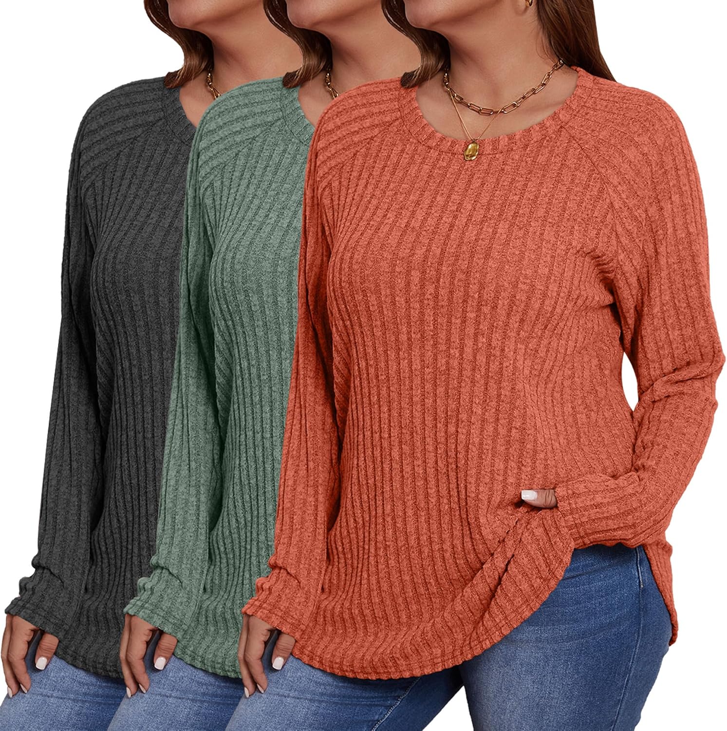 Ficerd 3 Pack Plus Size Tunic Tops for Women, Long Sleeve Women's Sweaters Curved Hem Side Split T-Shirts Crew Neck Pullover