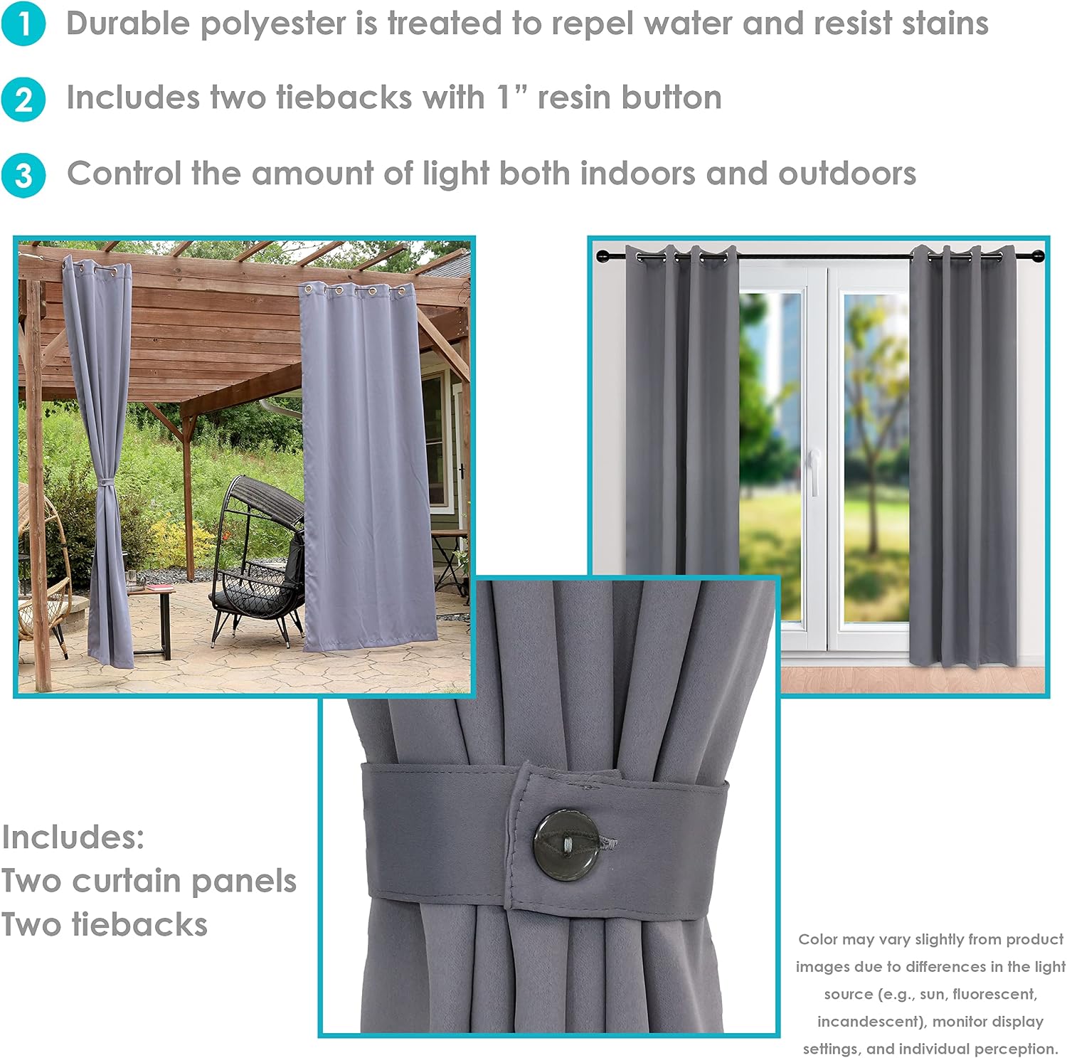 Sunnydaze 52 x 107.5-Inch Outdoor Blackout Curtain with Grommet Top - Gray - Single Panel - Set of 2