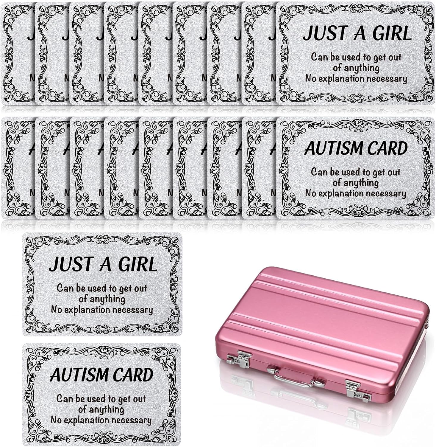 Qeeenar 20 Pack Funny Excuse Cards with Case, Just A Girl, Autism