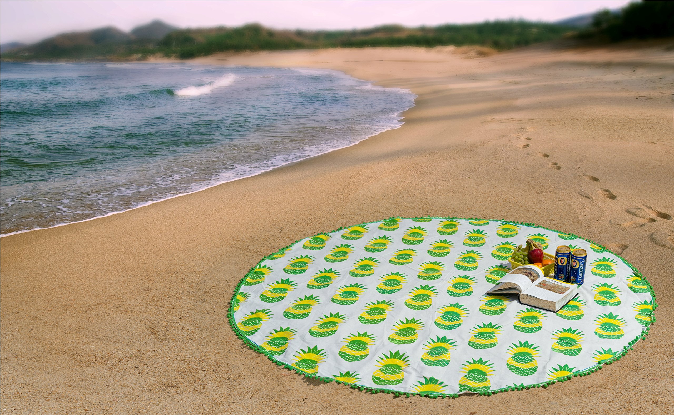 Handicraft-Palace Green Pineapple Printed Roundie Beach Picnic Mat Round Wall Hanging Tapestry Beach Throw Round 72"