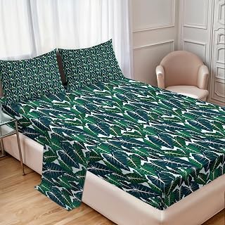 Ambesonne Philodendron Sheet Set, Exotic Leaf Perennial Australian Local Plants Beach Foliage, Fitted and Flat Sheet with Pillowcases Bedding Accent 4 Piece Set, Queen, Hunter Green and Petrol Blue