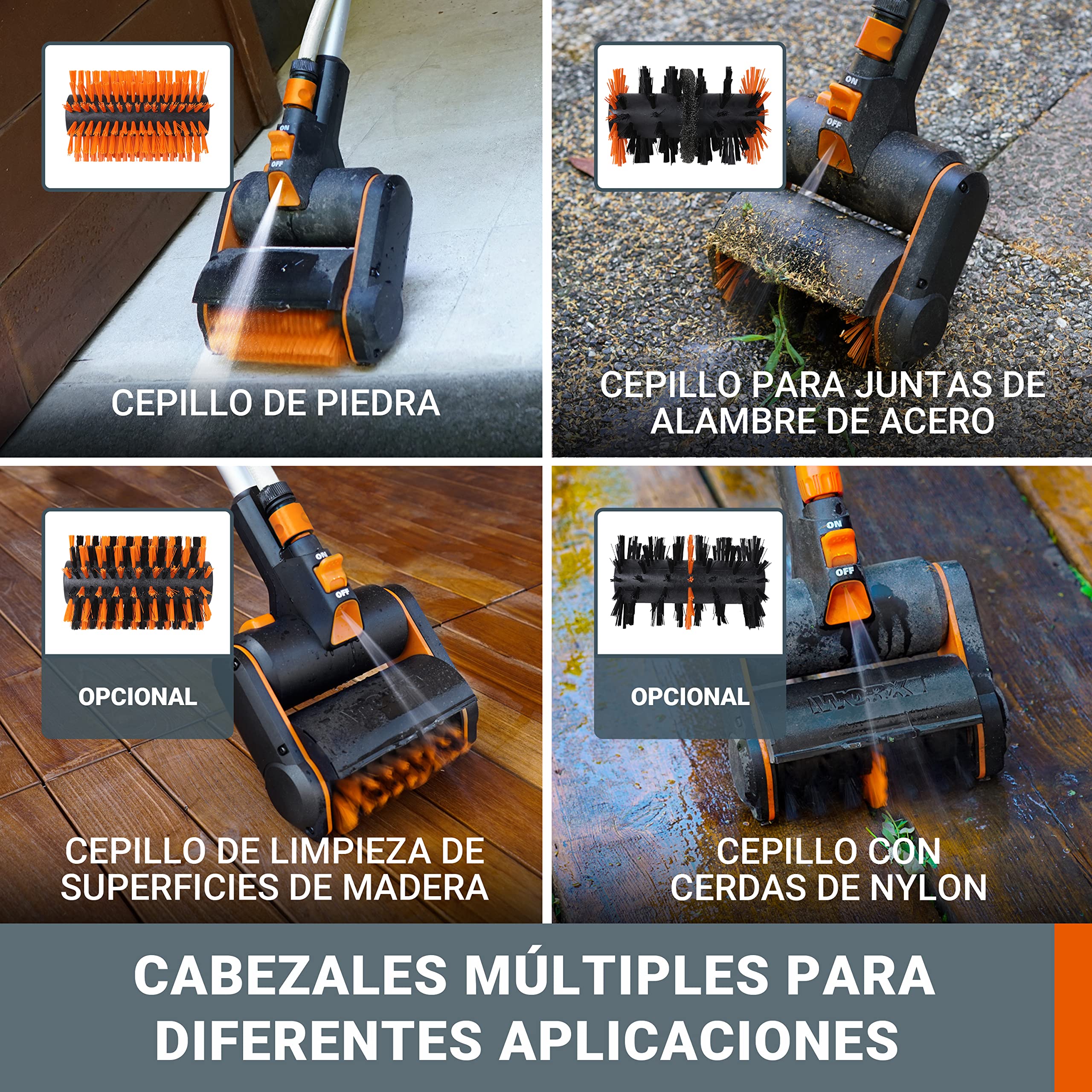 WORX WG441E Cepillo multifunción 20V-4Ah, limpieza profunda de suelos, baldosas, hormigón y cubiertas, conexión de agua, cambio rápido de accesorios, 2 velocidades, cepillo de nylon, alambre incluidos