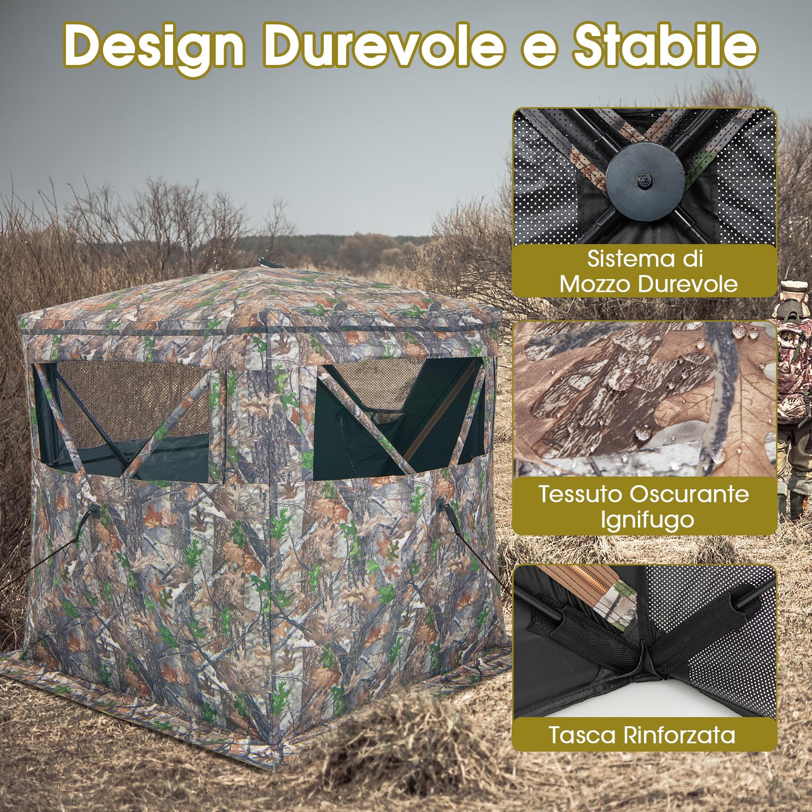 COSTWAY Tenda da Caccia Portatile a 270 Gradi Trasparente, Tenda a Caccia per 2-3 Persone con Finestre Scorrevoli Silenziose, Borsa per Trasporto