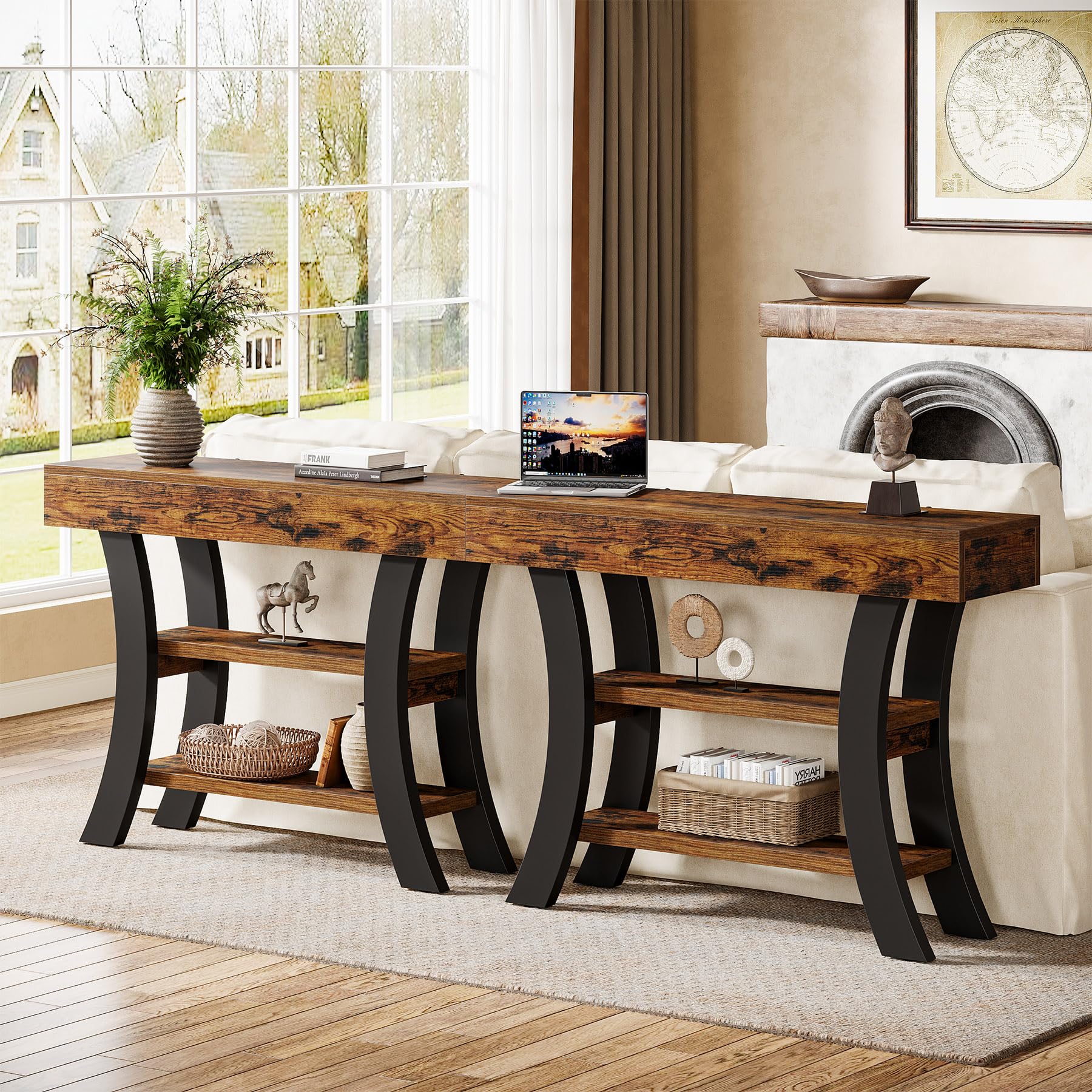 Tribesigns - Tavolo consolle piccolo da 105 cm per l'ingresso, tavolo da salotto rustico a 3 livelli con ripiani e cornice curva per soggiorno, ingresso, corridoio, foyer, marrone rustico
