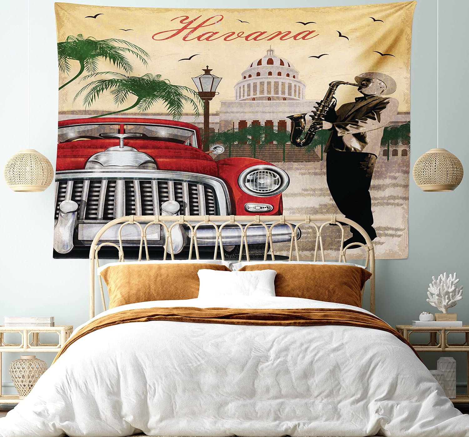 Lunarable Havana Tapestry, Saxophone Playing Gentlemen Wearing Panama Hats and Nostalgic Red Car, Fabric Wall Hanging Decor for Bedroom Living Room Dorm, 45" X 30", Sand Brown and Emerald 5 Lunarable Havana Tapestry, Saxophone Playing Gentlemen Wearing Panama Hats and Nostalgic Red Car, Fabric Wall Hanging Decor for Bedroom Living Room Dorm, 45" X 30", Sand Brown and Emerald