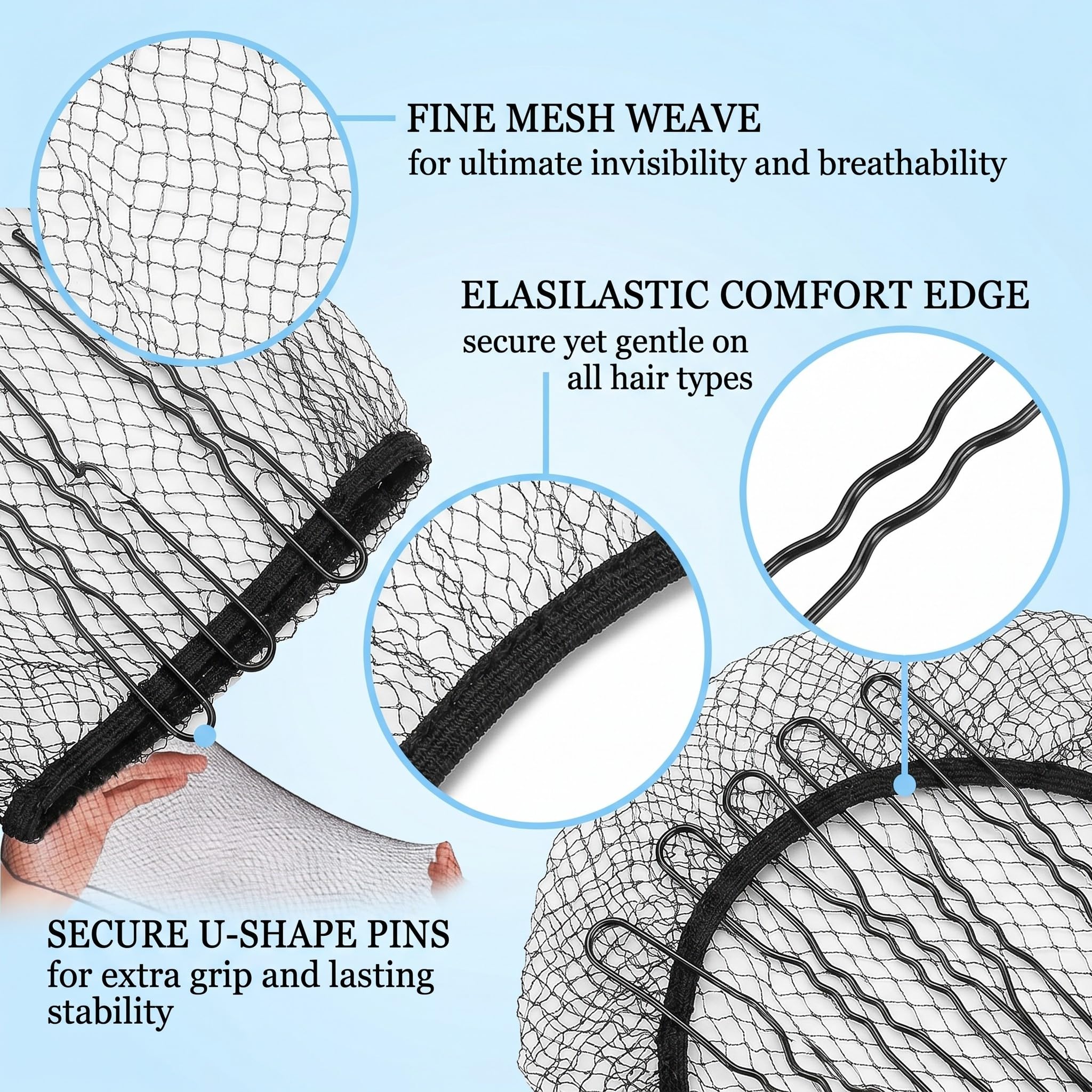 Ciambelle per chignon,Questa confezione contiene 24 retine per capelli invisibili e 10 fermagli per capelli a forma di U, appositamente progettati per fissare parrucche e chignon da bambina.