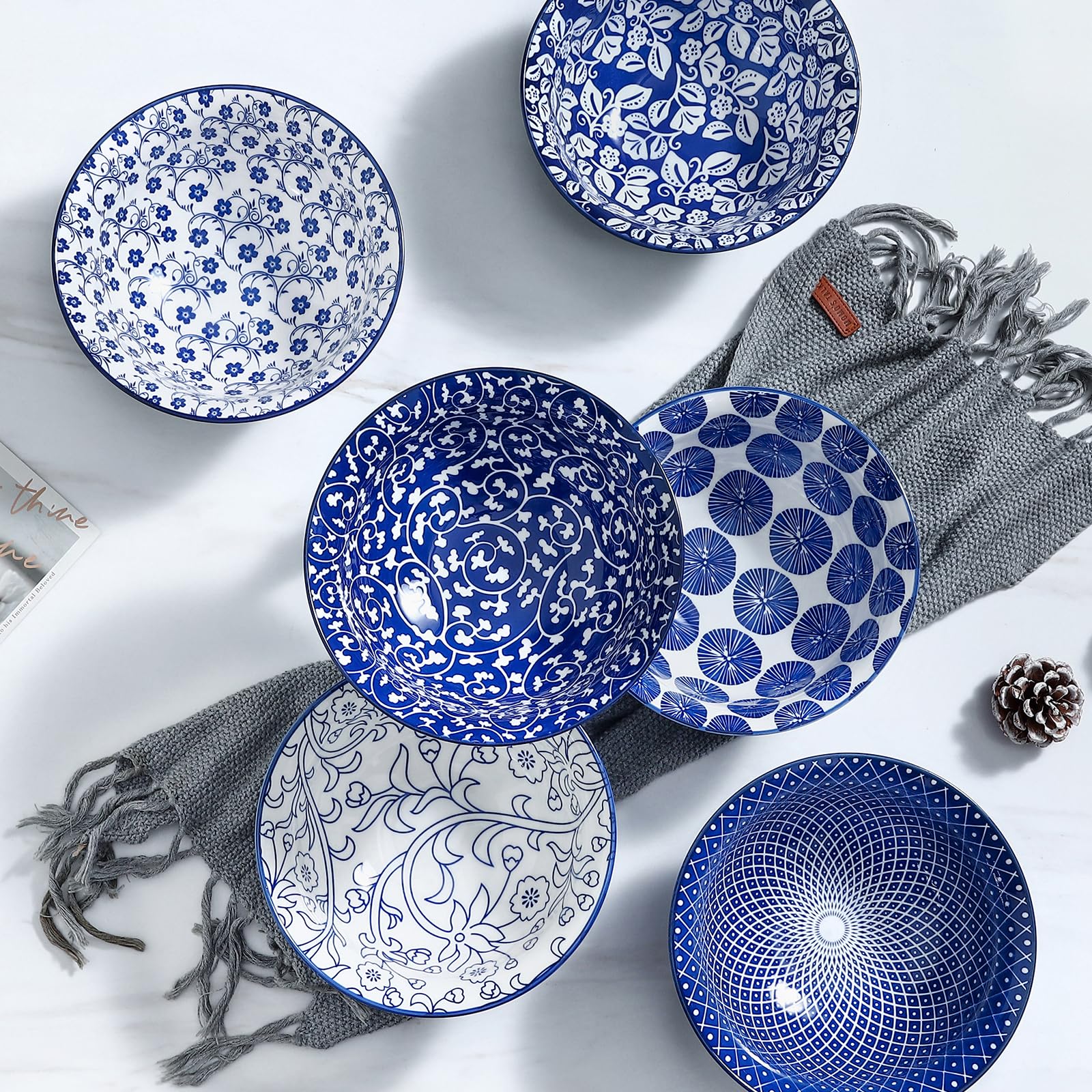 Selamica Porcelanowe miski na płatki śniadaniowe 18 cm, zestaw 6 miseczek do zupy, ceramiczne miski na płatki, zupę, sałatkę i makaron, niebieskie vintage
