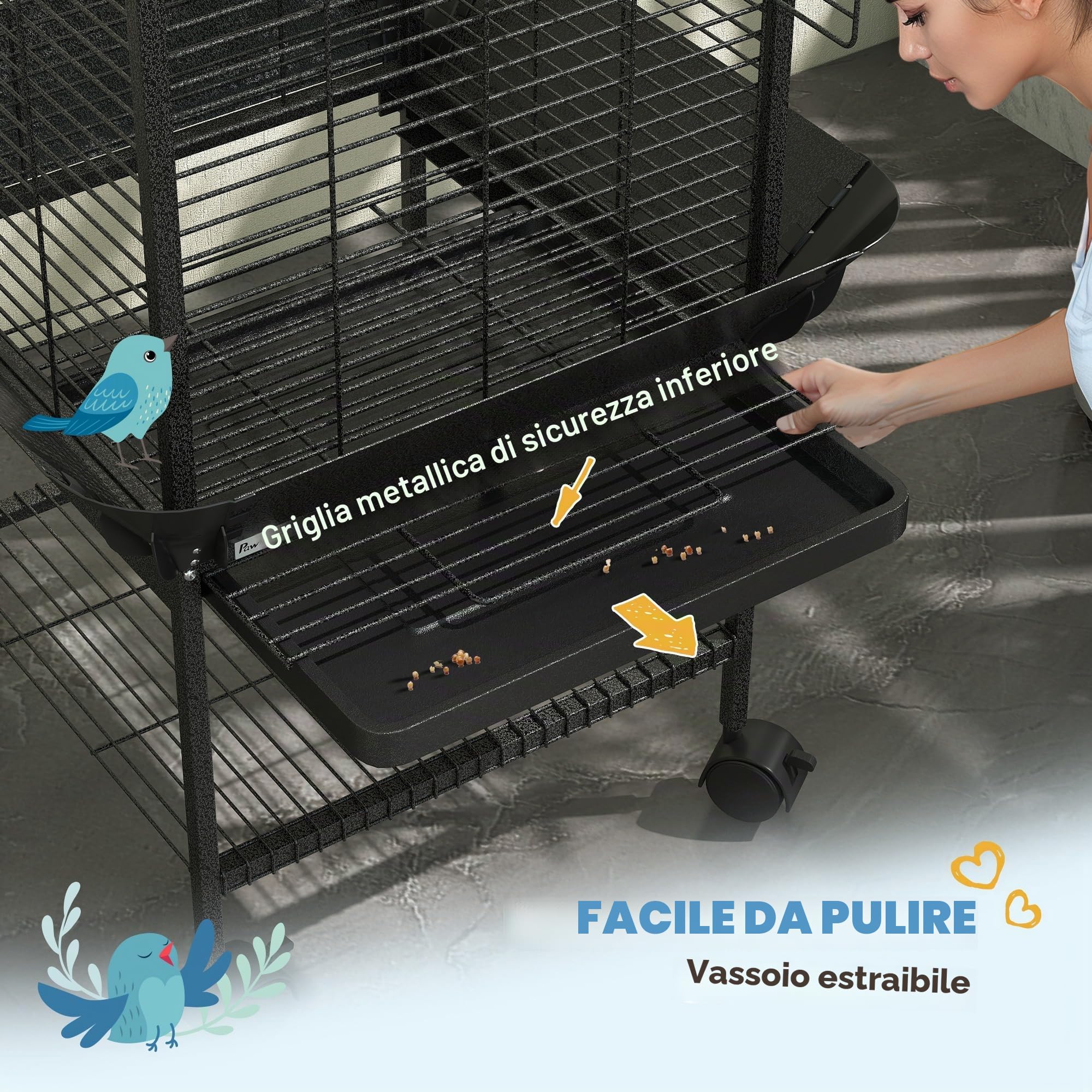 PawHut Gabbia per uccelli 62,5x62,5x146 cm Grigio scuro | Ruote, trespoli, mangiatoie, ripiano, vassoio rimovibile, per cacatua & pappagalli