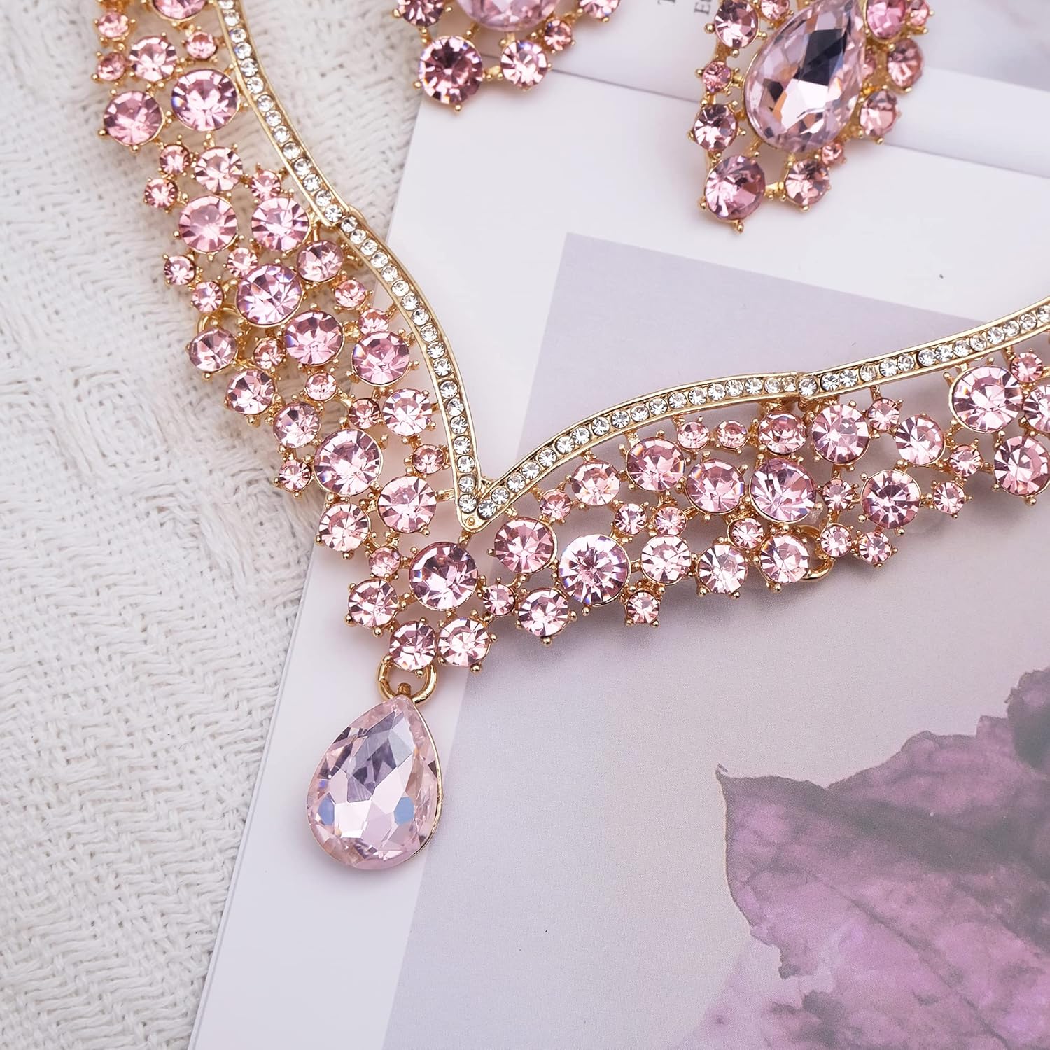 Women's Statement Necklace Earrings Link Bracelet Set for Bride Austrian Crystal Wedding Bridal Costume Jewelry Sets - Image 5