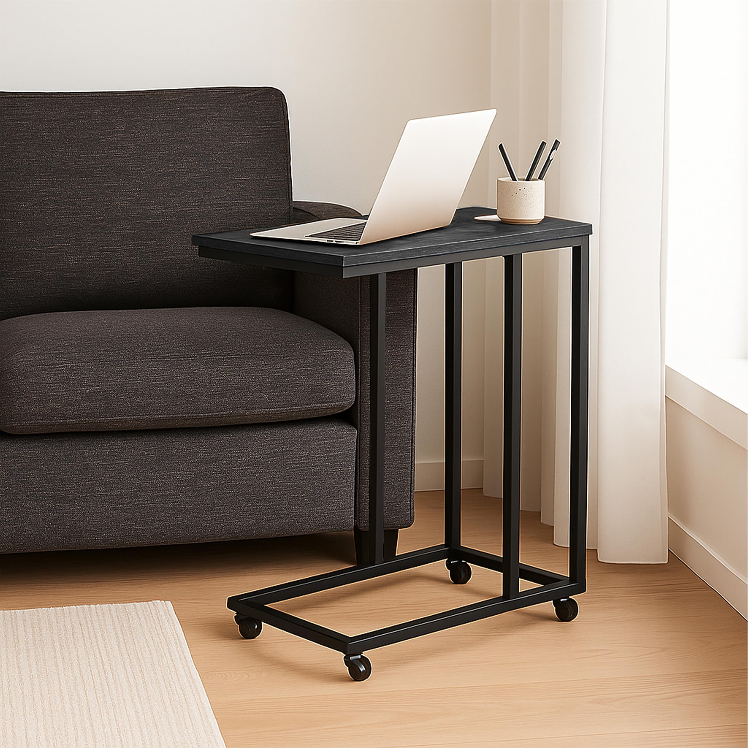 Relaxdays Tavolino da Divano a Forma di C, HLP: 79x60x30 cm, Tavolo Laterale da Salotto e Letto, Ferro e PB, Nero