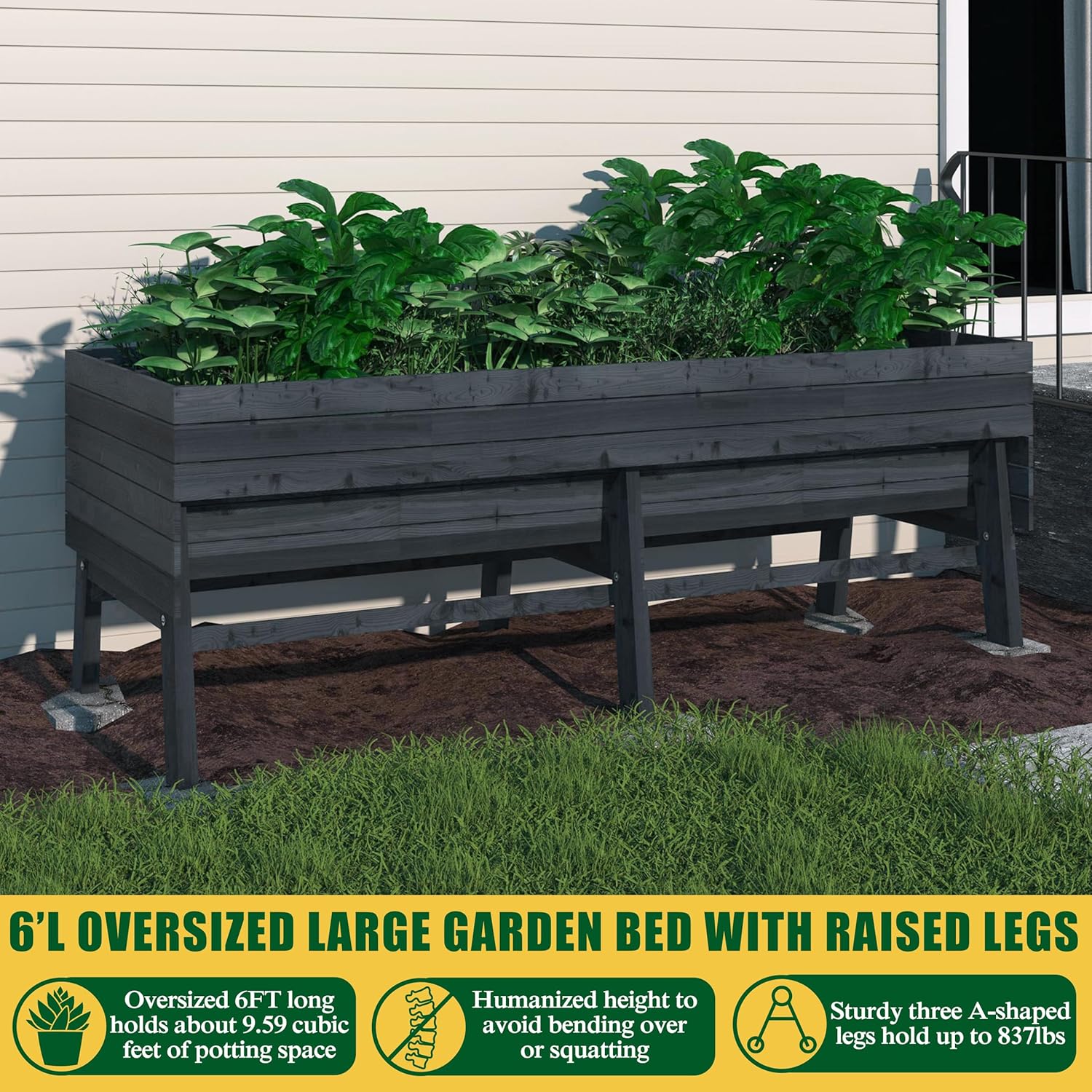 6x3x2FT Raised Garden Bed with Legs, Large Outdoor Elevated Wood Planted Box with Liner for Vegetable, Flower, Backyard, Patio, Gray