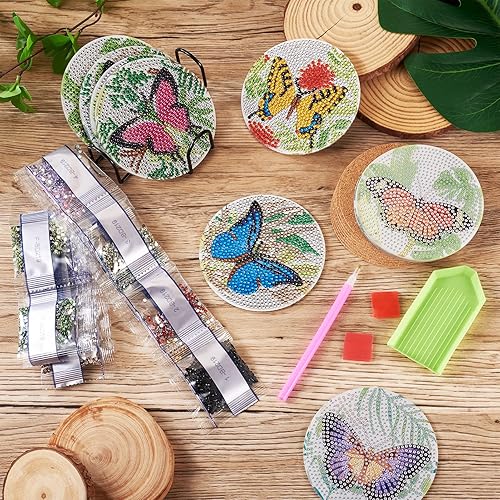 Miniatura 5 de 8 posavasos de pintura de diamante de mariposa 5D con almohadillas de corcho, diamantes de imitación de cristal, posavasos para manualidades, para