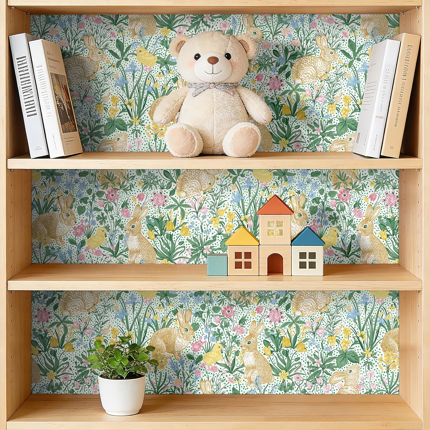 17.5x393" Woodland Animal Toile Wallpaper Peel and Stick Easter Bunny Nursery Wallpaper Neutral Bunny Pink Green Yellow Blue Flowers Rabbits Self-Adhesive Vinyl Contact Paper Shelf Liner
