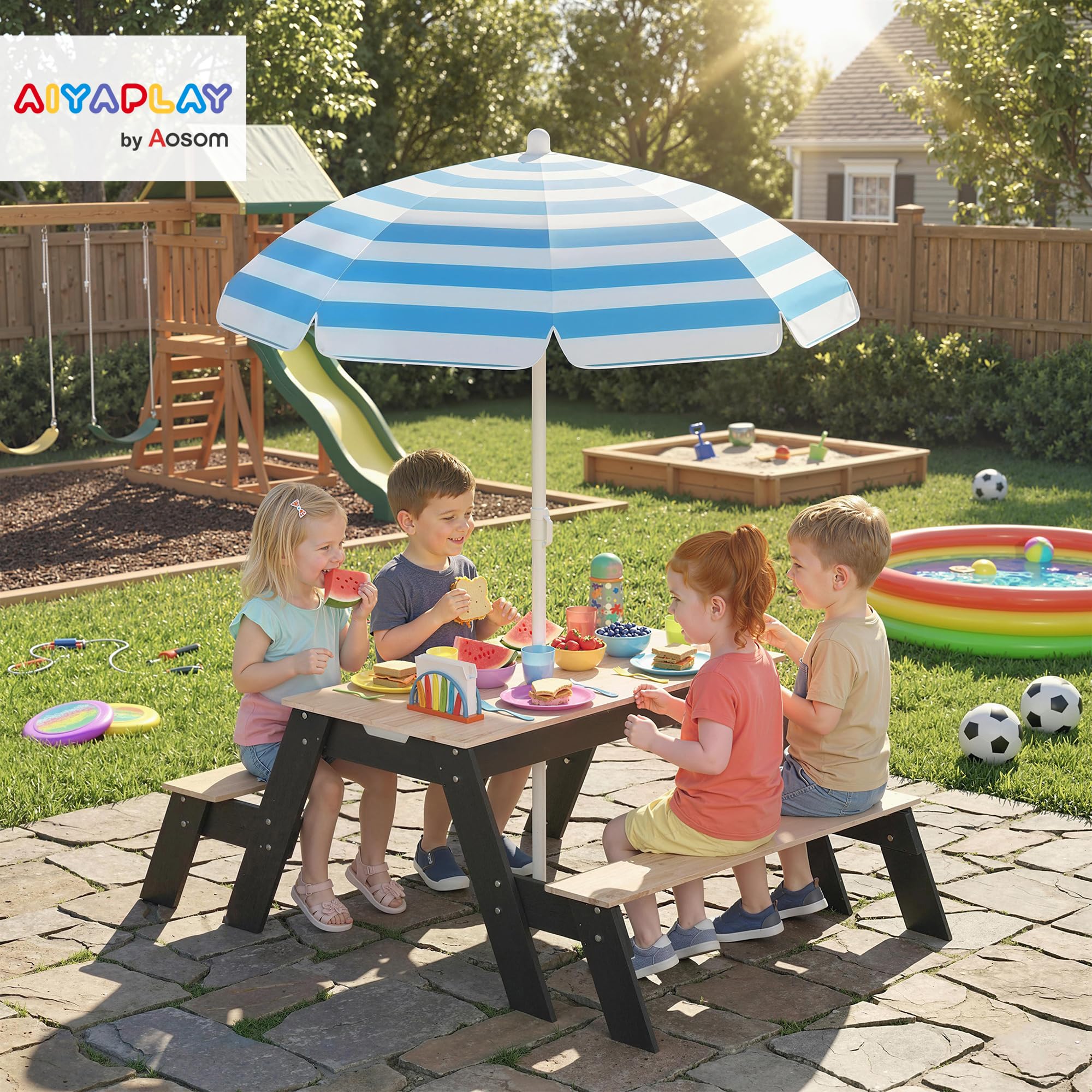 AIYAPLAY Tavolo da picnic per bambini con sabbiera e ombrellone, 3-6 anni | Tavolo 3-in-1 in legno, sabbia e acqua, 2 cassetti nascosti, legno naturale, mobili giardino bambini, patio, giardino