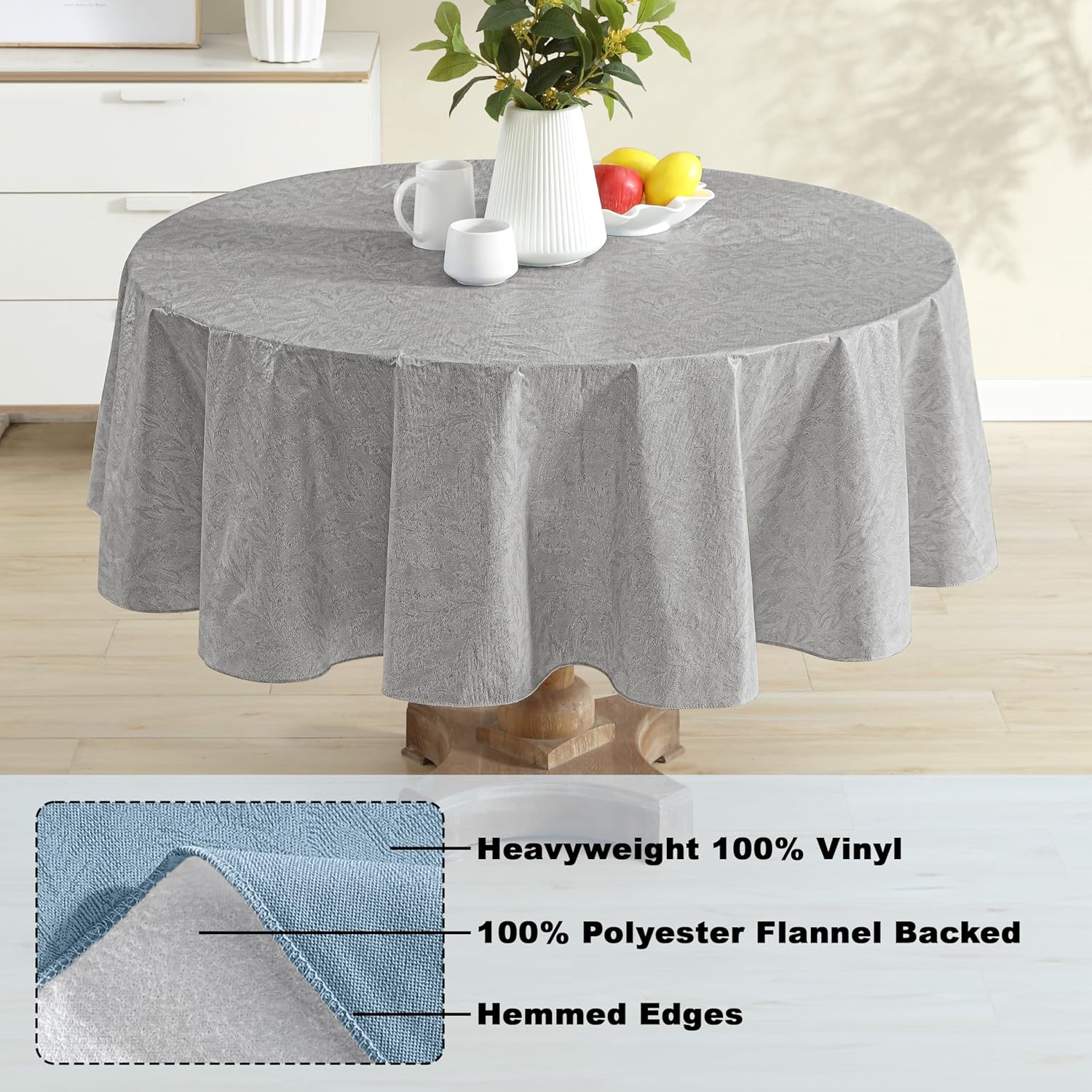 Newbridge Napa Leaf Grey Vinyl Flannel Backed Tablecloth, 70 Inch Zippered Umbrella Round, Hotel Quality Waterproof Indoor Outdoor Table Cover for Kitchen, Patio, Dining, BBQ