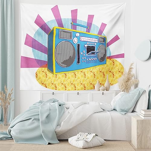 Miniatura 6 de Ambesonne Tapiz de fiesta de los años 70, caja retro en arte pop, música de baile, composición colorida impresa, colgante de pared para dormitorio,