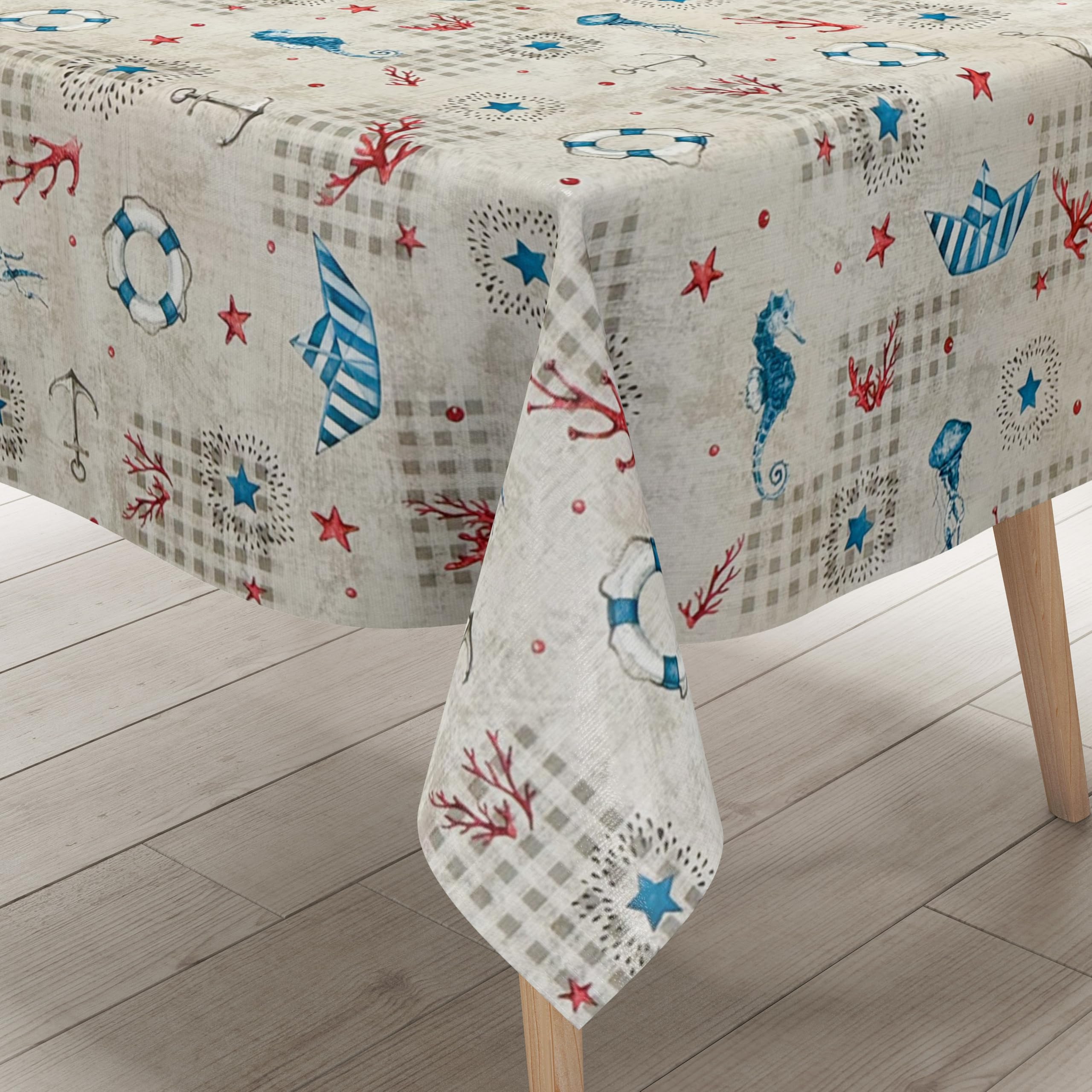 KEVKUS Nappe en toile cirée - Largeur : 160 cm - Grande taille - C126-1 - Motif poissons et hippocampes - Taille et forme au choix - Livraison sans plis - Roulée sur une douille en carton