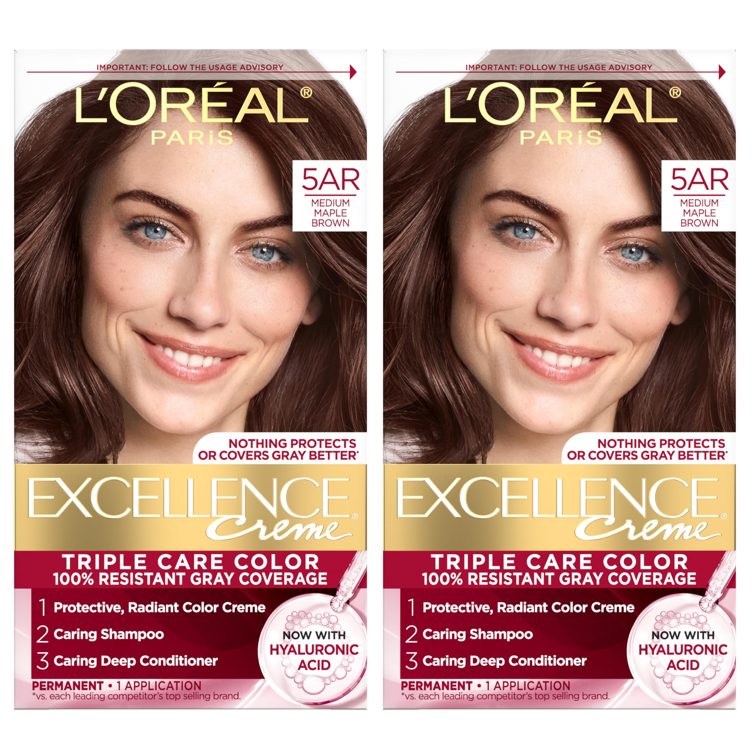 L'Oreal Paris Excellence Crème Permanent Hair Dye, Triple Care Hair Color with Hyaluronic Acid for 100% Gray Coverage, 5AR Medium Maple Brown, 1 Kit (Pack of 2) (Packaging May Vary)