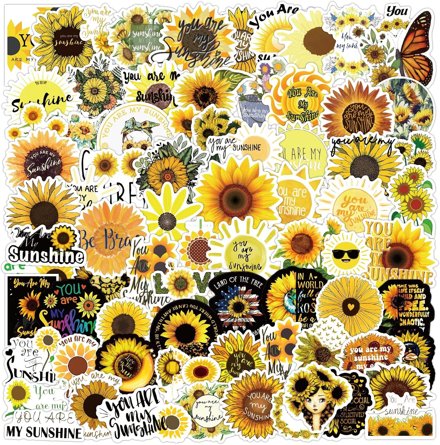 100Pcs Sunflower Stickers Decals, You are My Sunshine Stickers for Kids Teens, Waterproof Vinyl Stickers for Laptop Water Bottle Guitar Scrapbook
