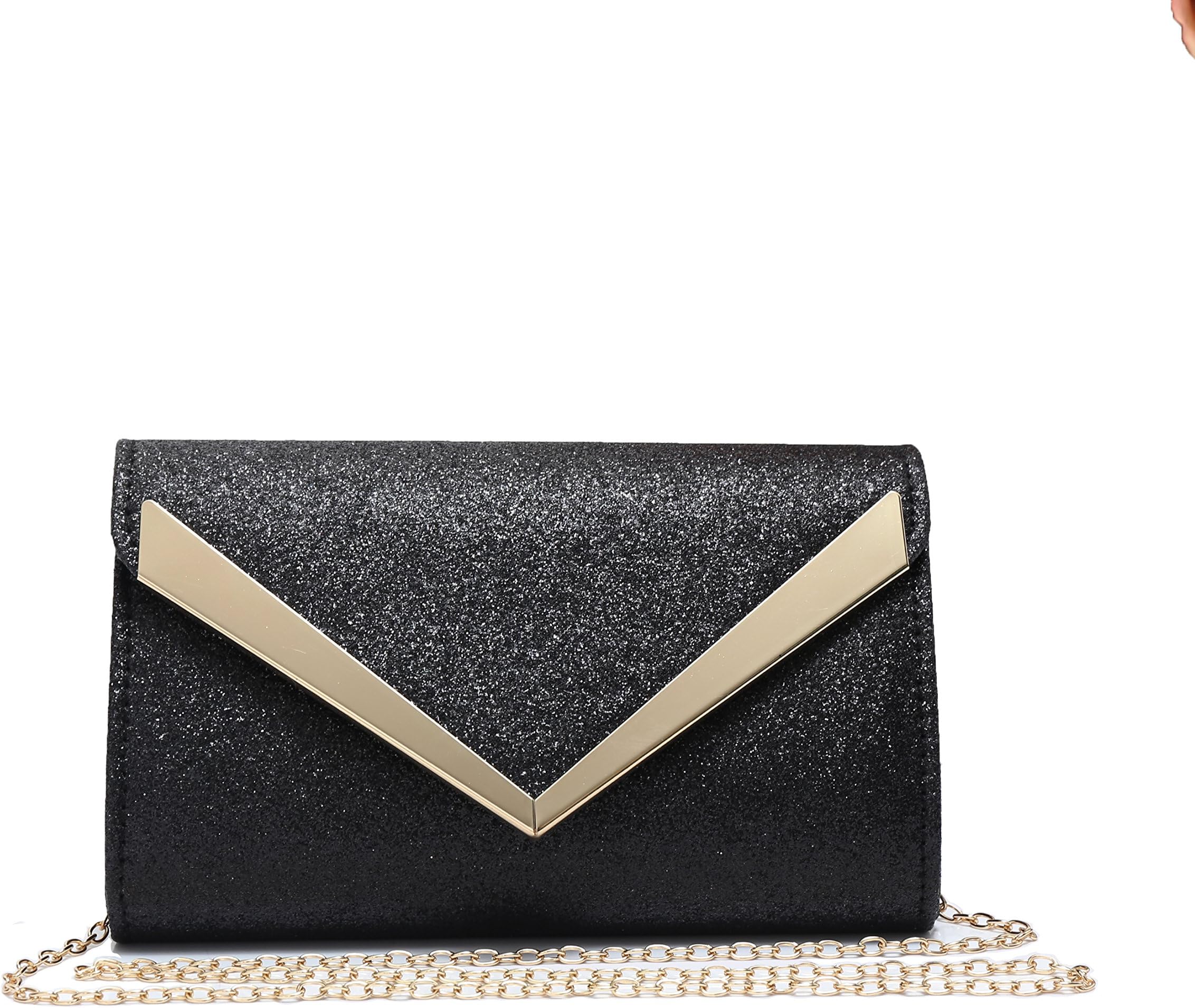 Foxlady's Women's Glitter V Shape Lightweight Envelope Clutch and Evening Black Bag