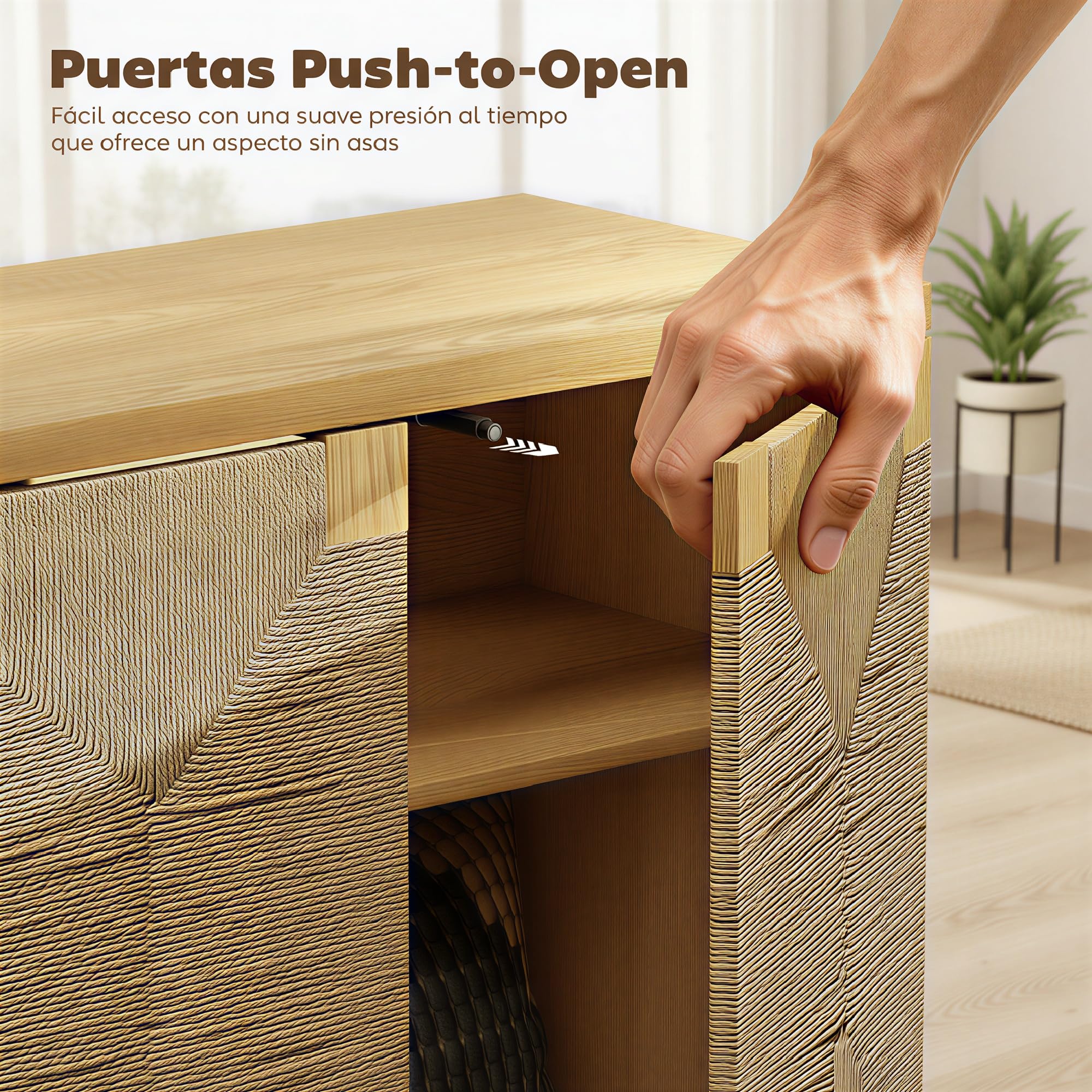HOMCOM Aparador Bohemio de 2 Puertas con Cuerda Trenzada Roble 60x40x78 cm | Manual, Aparador de Salón, Estante Regulable, Apertura Push, Patas de Madera