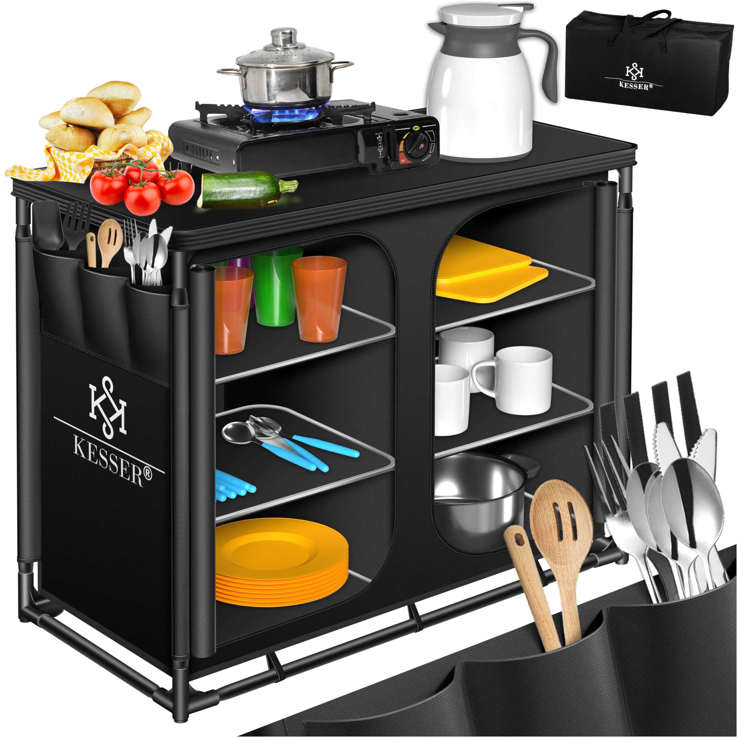 KESSER® Campingküche | Inkl. Tragetasche | Campingschrank Faltschrank | mit Aluminiumgestell | Reiseküche | Küchenbox | Zeltschrank | Outdoor Camping Küche | Schwarz/Schwarz | Typ F6