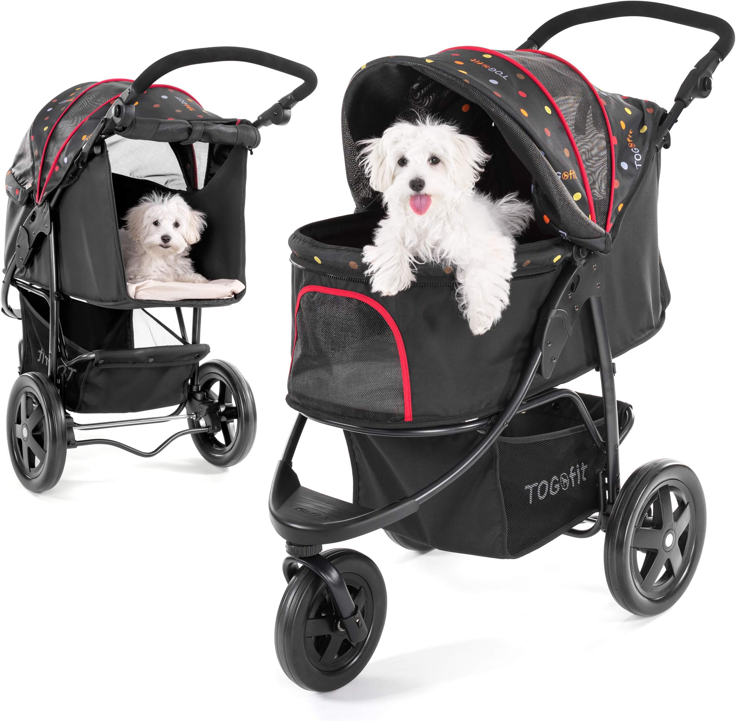 TOGfit Pet Roadster - Luxury Stroller for Puppy, Senior Dog or Cat | Easy Foldable Three-Wheel Travel Jogger, Max. Loading 32 kg, Mattress Included - Black
