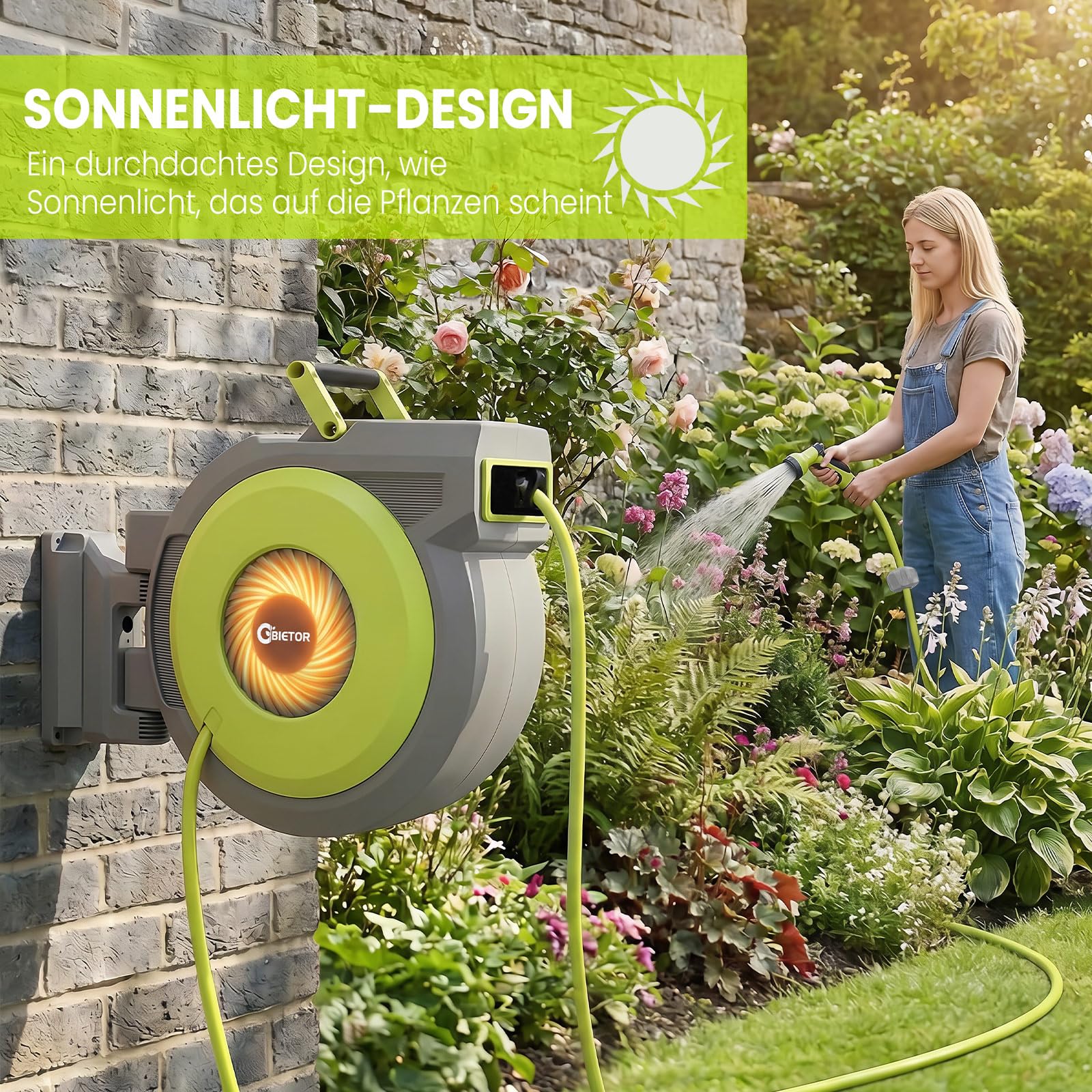 Schlauchtrommel 40m+2m, Gartenschlauch Trommel mit 180° Schwenkbarer, Wand-Schlauchbox mit 9-Funktionen Gartenbrause, Automatischem Rückzugssystem und Arretierung in Jeder Länge für Garten
