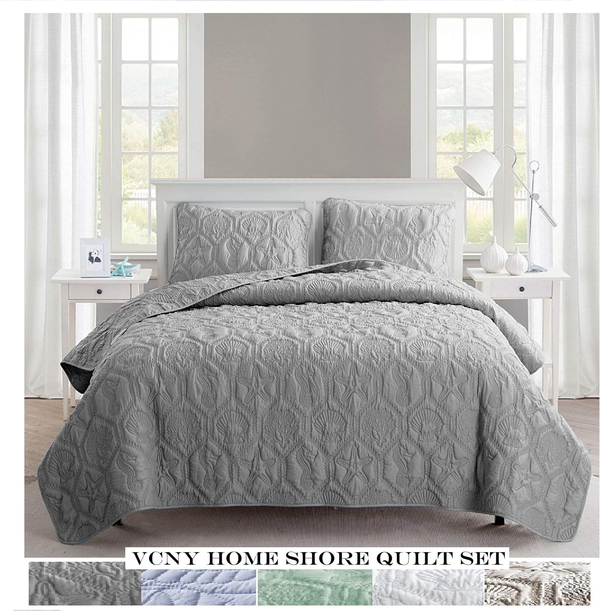 VCNY Home - Queen Quilt, Super Soft Reversible Bedding Set with Matching Shams, Seasons, Modern Room Decor (Shore Grey, 3-Piece)