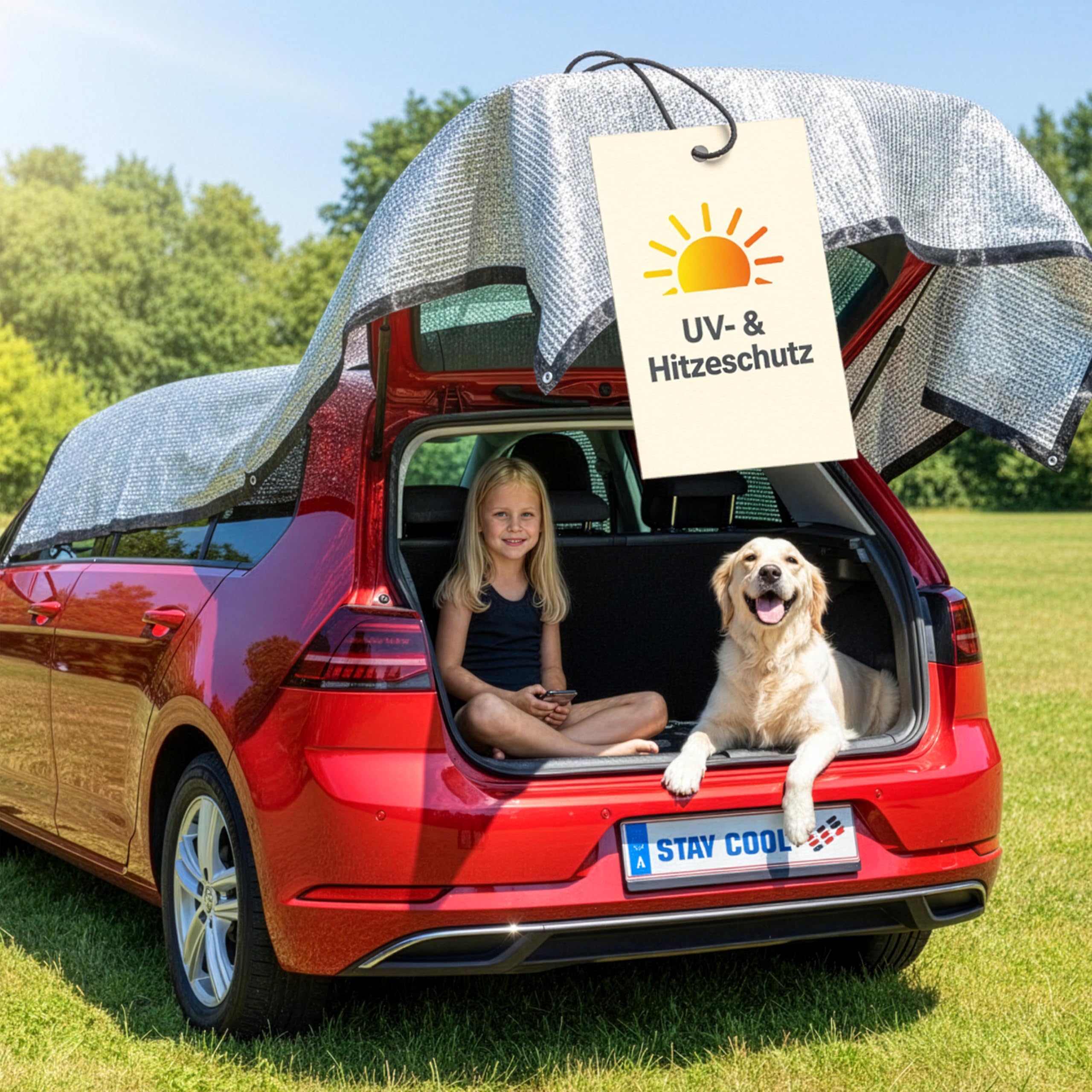 WALSER Red de Sombra Coche 3x4 m, ALU Parasol (hasta 20° C mas Fresco) para Perros con Proteccion UV & Ojales - Escudo Termico Camping, Vela Solar Jardin Reflectante, Plegable + Bolsa