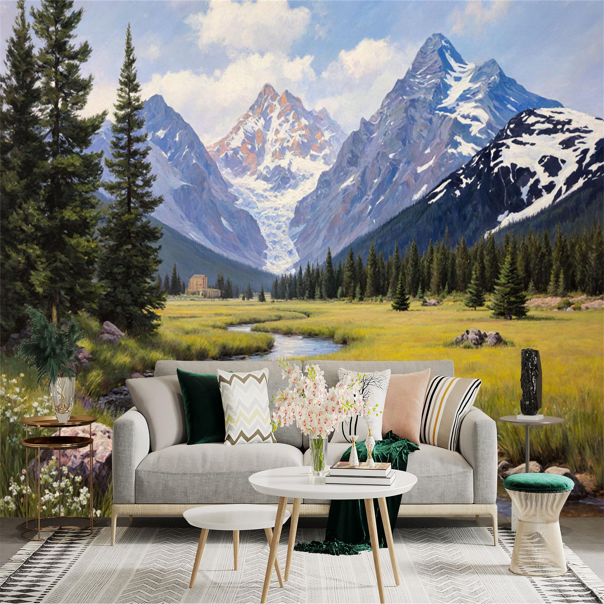 Custom Size Wall Sticker Mural， Snowy Mountain Valley with River Pine Trees and Meadow Landscape， for wall Decoration， peelandstick wall Decals.