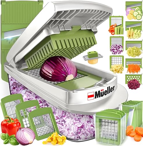 Mueller Pro-Series 10 en 1 - Picadora de verduras, 8 hojas, cebollas, cortadora en cubitos, de huevos con recipiente, cortadora de patatas fritas,