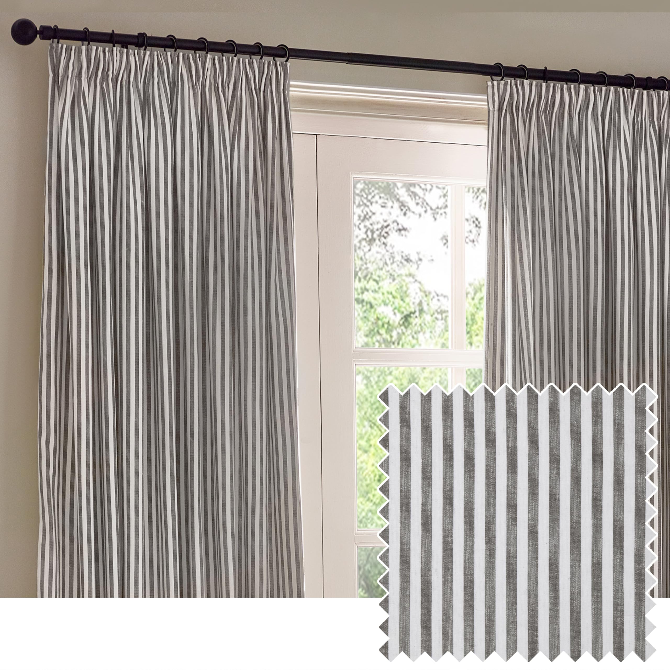 Yard Hebden Pencil Pleat Curtain Pair – Ultra Soft Cotton Lined Striped Curtains (Grey - 229x137cm)