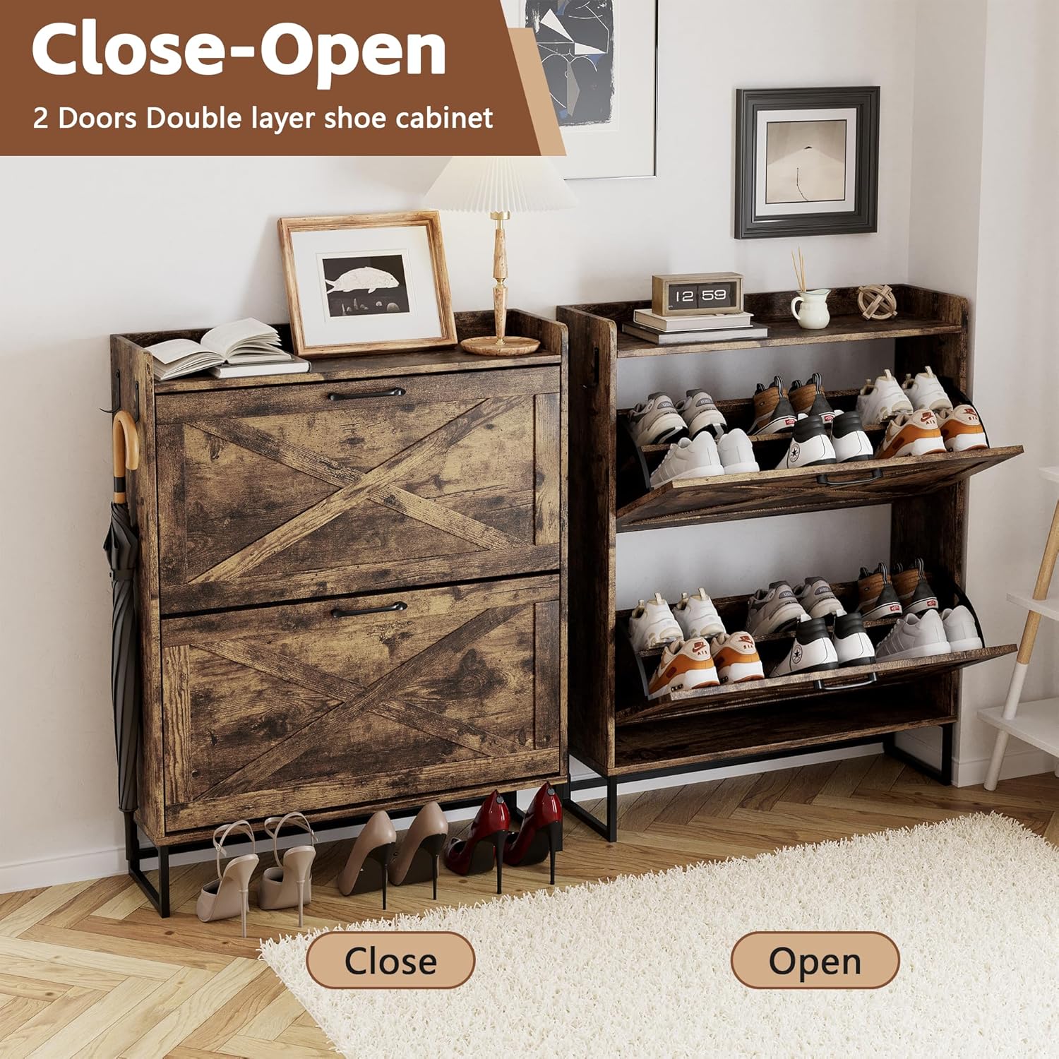 Shoe Storage Cabinet for Entryway with 2 Flip Drawers, Freestanding Organizer with Metal Legs, Narrow Shoe Rack Cabinet, Rustic Brown
