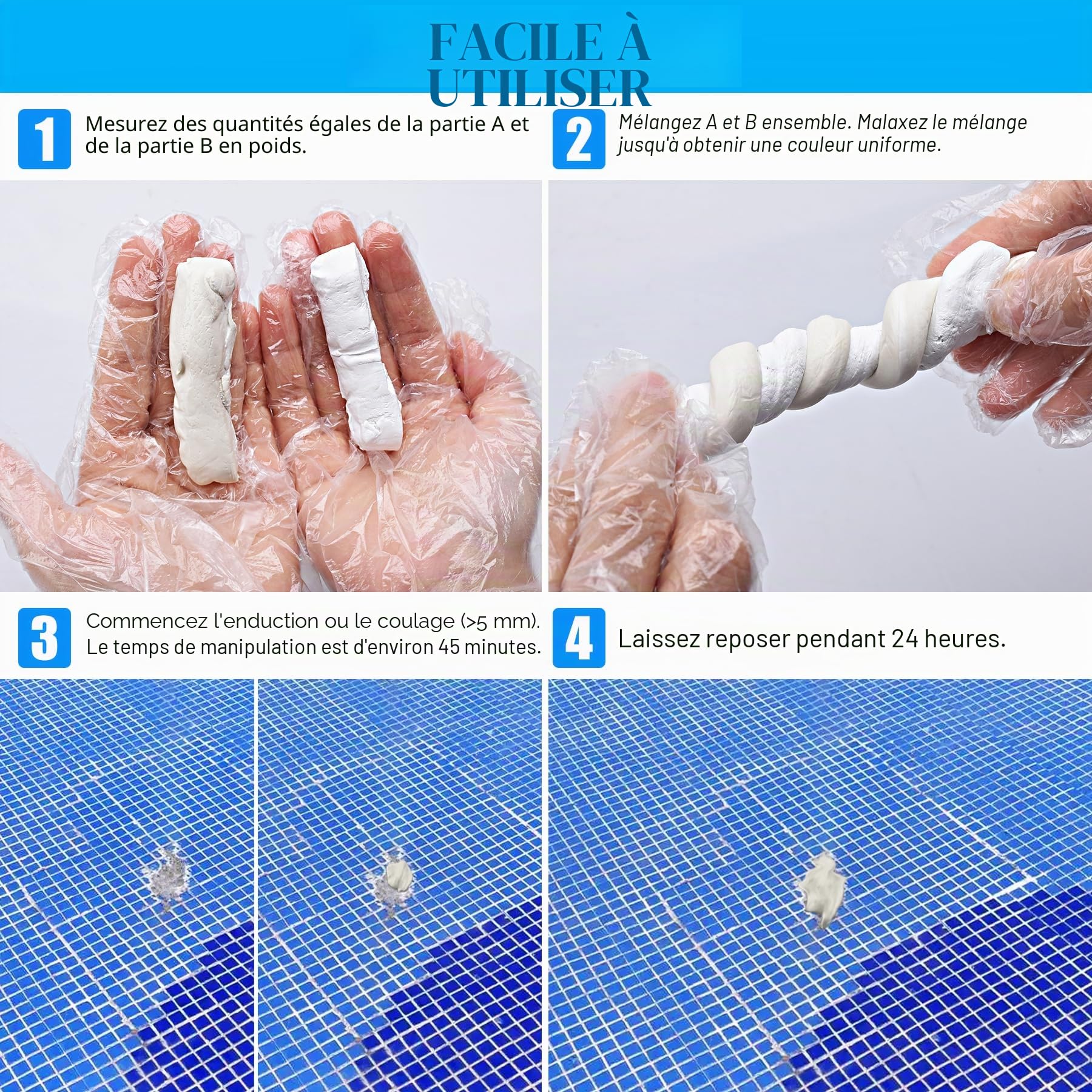 Mastic époxy 340g réparation rapide piscine sous l'eau sur l'eau 2 parties argile gravée métal carreaux plastique