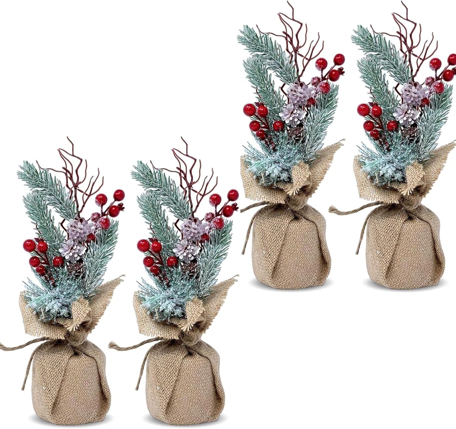 Tabletop Christmas Trees Set of 4 Pine Trees with Red