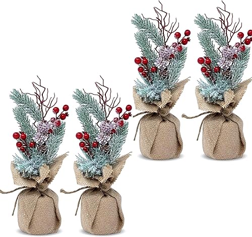 Miniatura 1 de Árboles de Navidad de mesa, juego de 4 pinos con bayas rojas y arpillera, decoración de árbol de Navidad flocado de 11 pulgadas