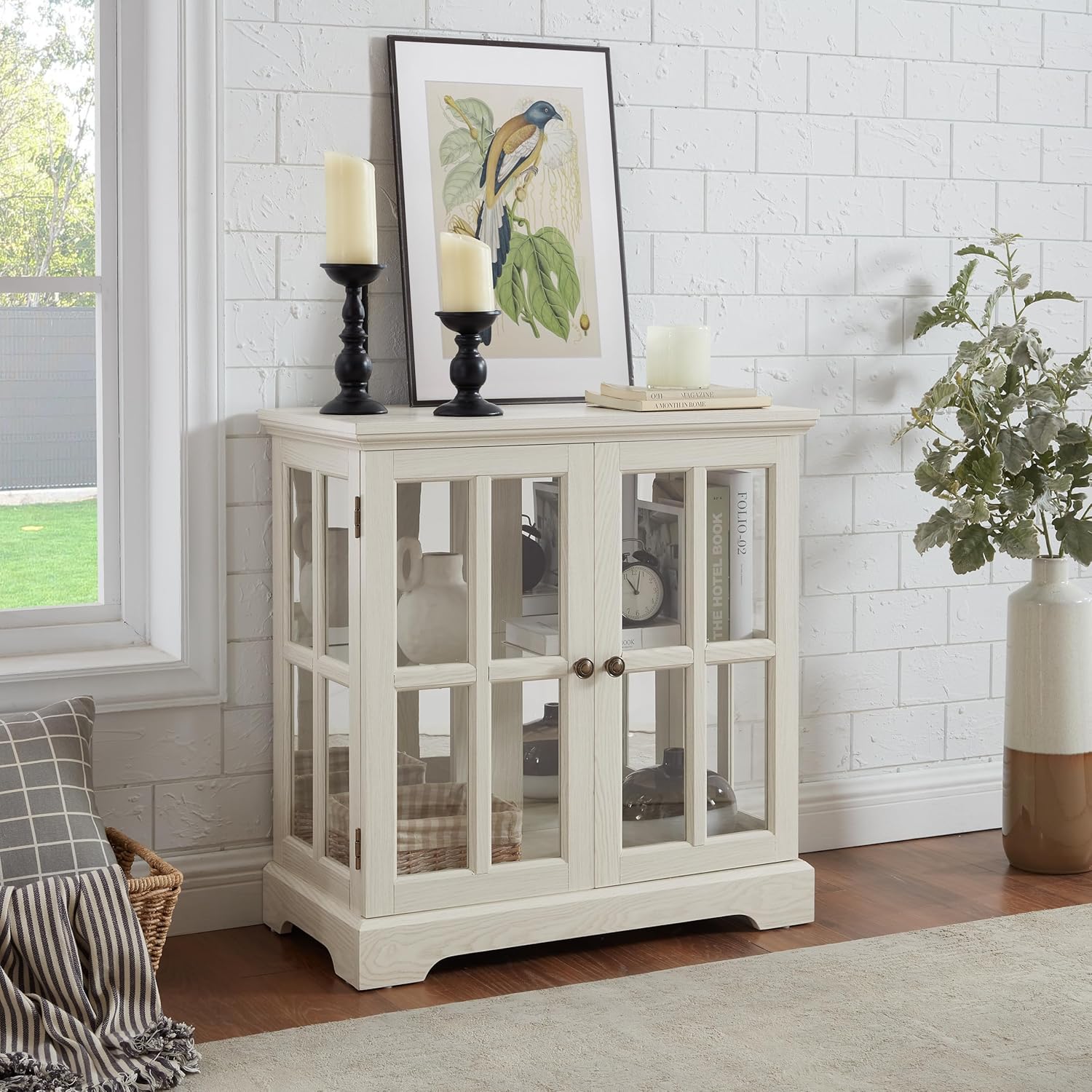 Glass Curio Display Cabinet with Glass Doors, Display Case with Adjustable Shelves, Retro Storage Cabinets for Living Room Corner, Vitrinas and Bookcase Organization Collectibles,White