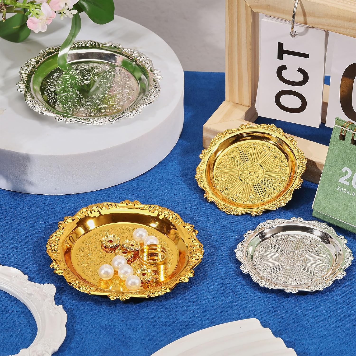8 Pcs 4 Styles Vintage Dish Jewelry Tray Small Iron Trinket Dish Ring Holder Bowl for Necklace Bracelet Earring Rings Countertop Decor image 5
