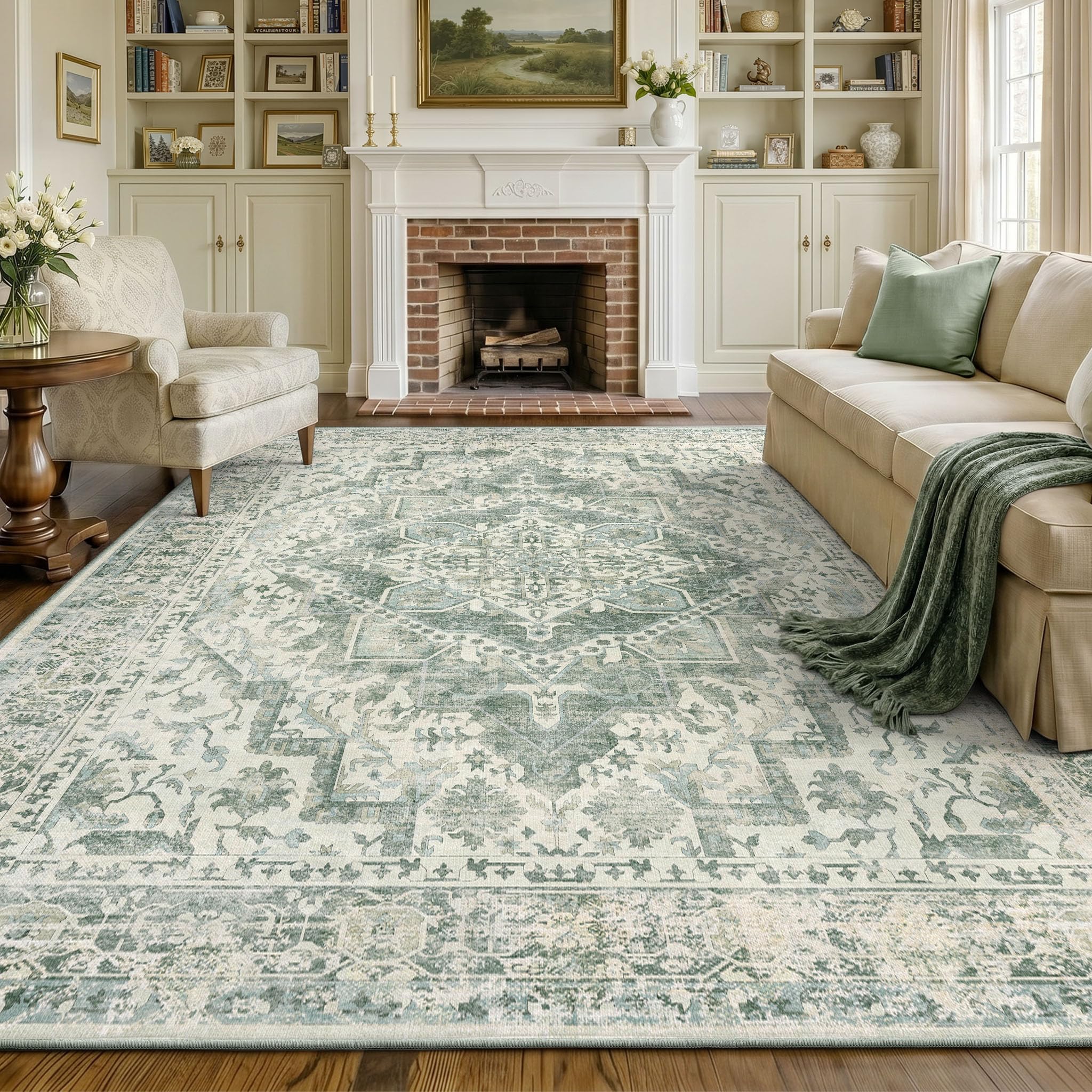 INOVADAY Rugs Living Room 200x300 cm Washable Rug Vintage Low Pile Anti-Slip Carpet with Print Pattern for Bedroom Home Office Indoor Green