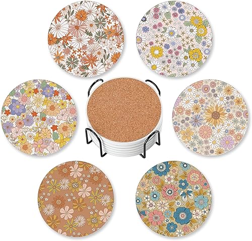 Posavasos absorbentes con soporte, juego floral retro de los años 70 de 6 posavasos duraderos para protección de mesa auxiliar, gran regalo de