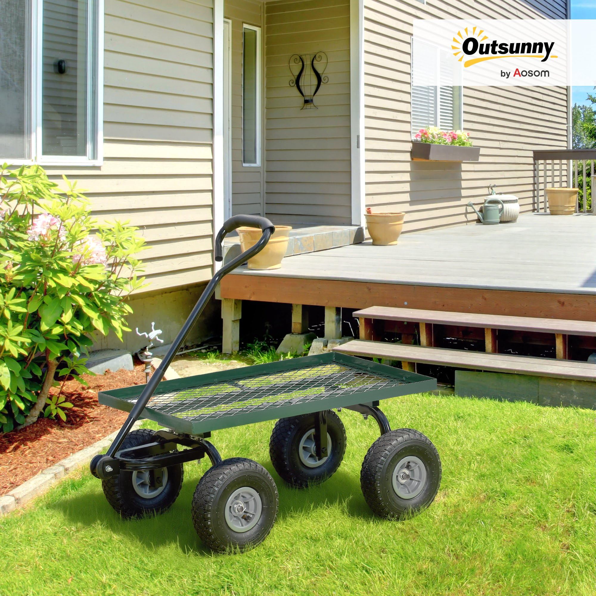 Outsunny Carro de Jardín con Grandes Ruedas Carretilla de Mano con Mango Ergonómico y Estructura de Acero para Transporte de Camping Exterior, Capacidad 150 kg, Negro y Verde