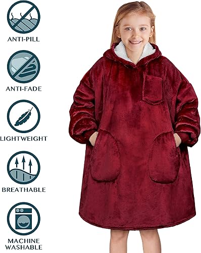 Miniatura 4 de PAVILIA Manta de vestir para niños y niñas, cálida y acogedora sudadera con capucha gigante con dos bolsillos, forro polar Sherpa con capucha para