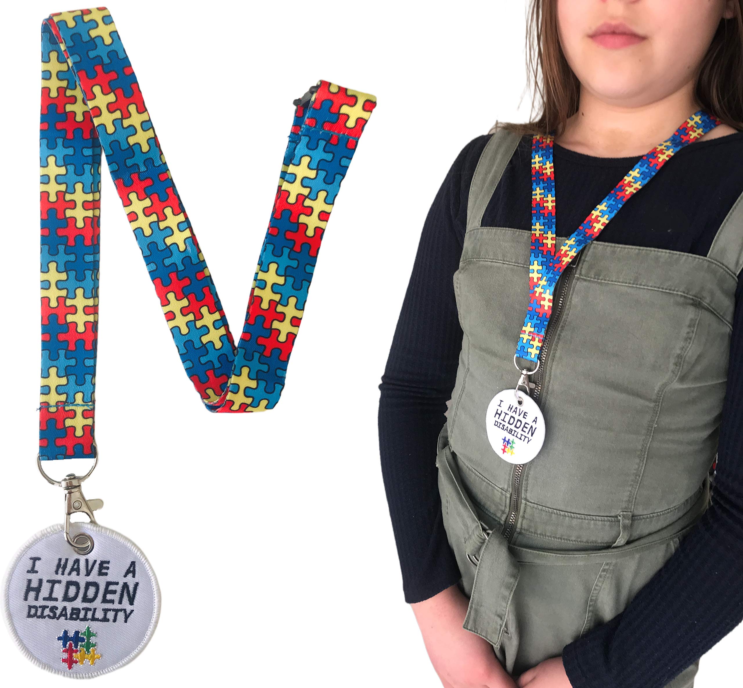 Pac Supplies Global Jigsaw 20Mm Autism Awareness Puzzle Lanyard & White Matching Round Stitched Badge - Adult Size