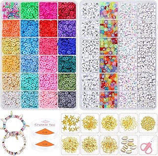 Clay Beads for Bracelet Making, Cludoo 7900pcs Flat Round Polymer Clay Beads Kit 6m Heishi Spacer Beads for Jewelry Making Kit with 1200pcs Letter Beads &Pendant Charms Kit for Jewelry Making